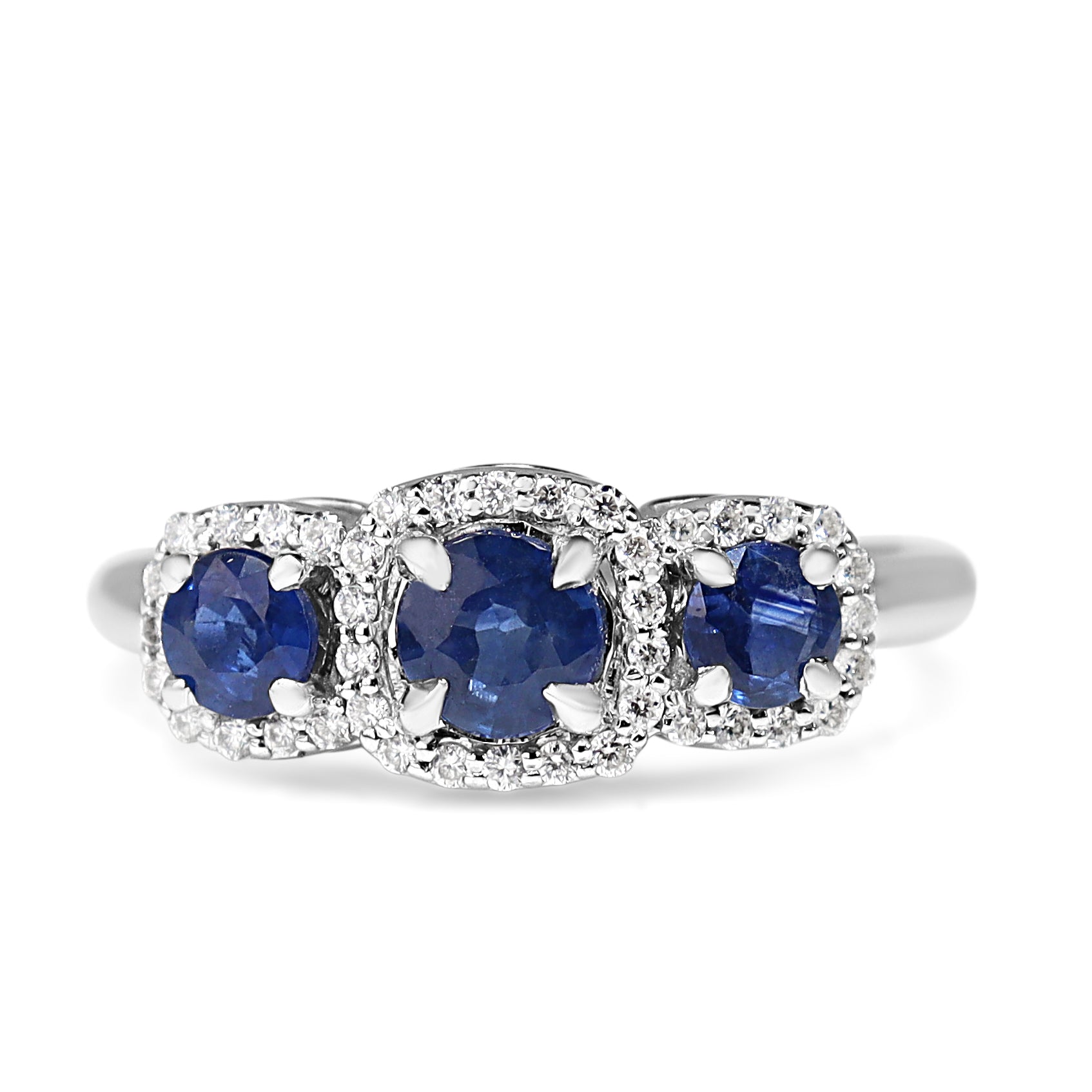 14ct White Gold Sapphire 3 Stone and Diamond Halo Ring
