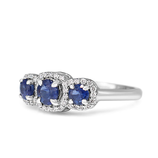 14ct White Gold Sapphire 3 Stone and Diamond Halo Ring