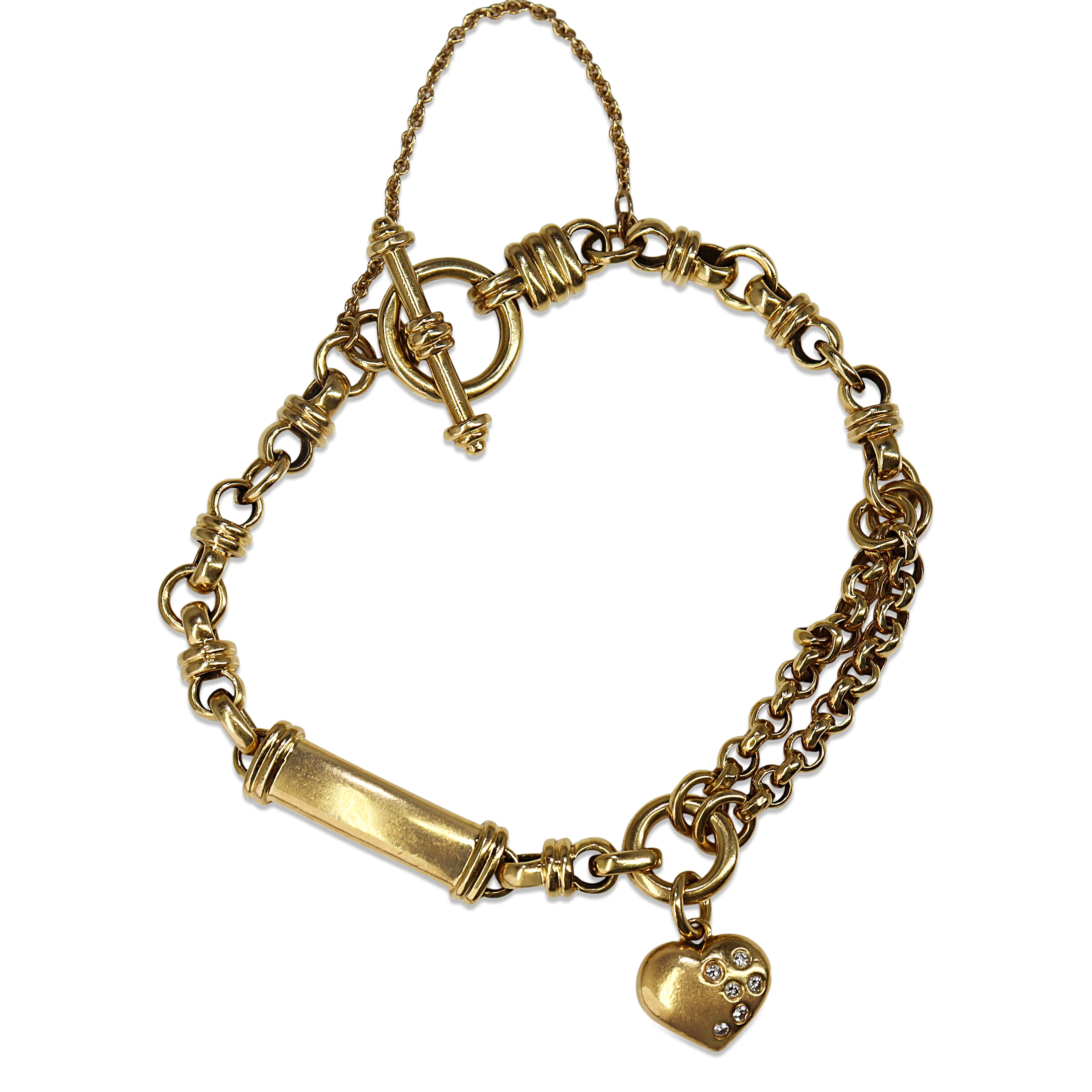 18ct Yellow Gold Fancy Link Belcher and Bar Bracelet with Diamond Heart Charm