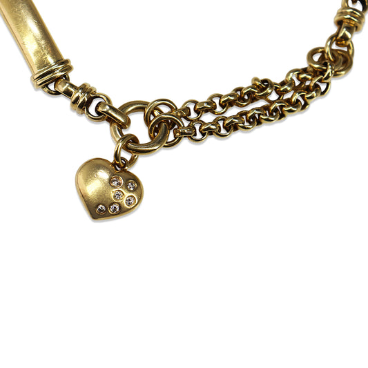18ct Yellow Gold Fancy Link Belcher and Bar Bracelet with Diamond Heart Charm