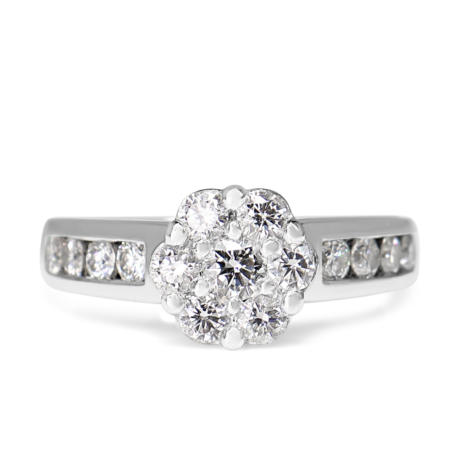 18ct White Gold Diamond Cluster Ring with Channel Set Diamond Band