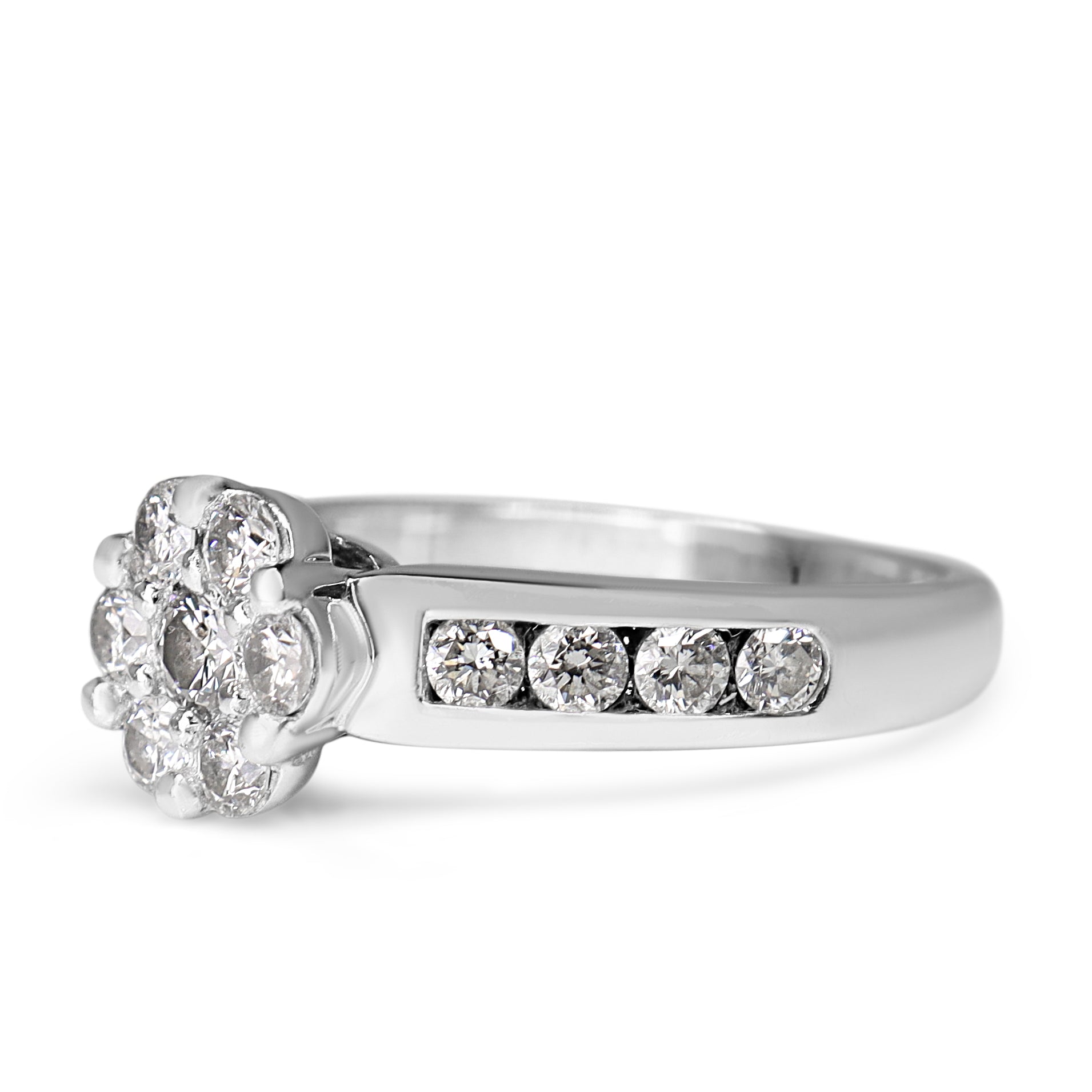 18ct White Gold Diamond Cluster Ring with Channel Set Diamond Band