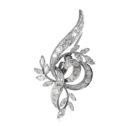 14ct White Gold Vintage Diamond Vine / Floral Brooch