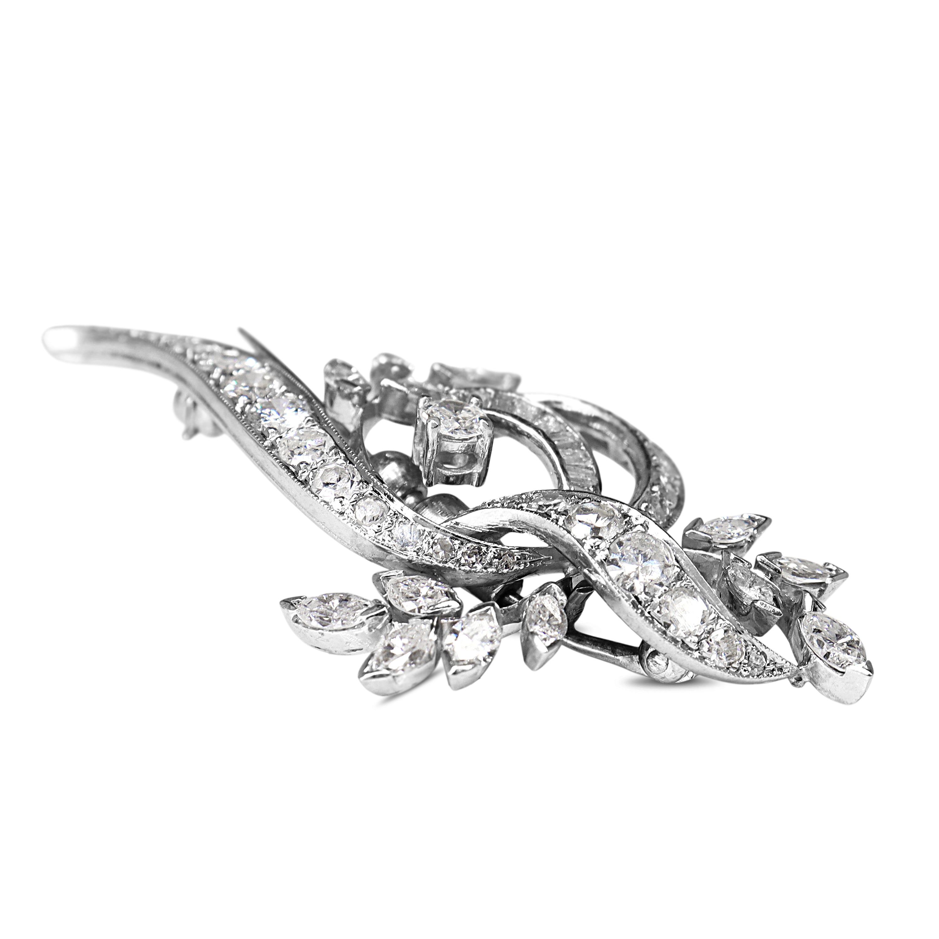 14ct White Gold Vintage Diamond Vine / Floral Brooch