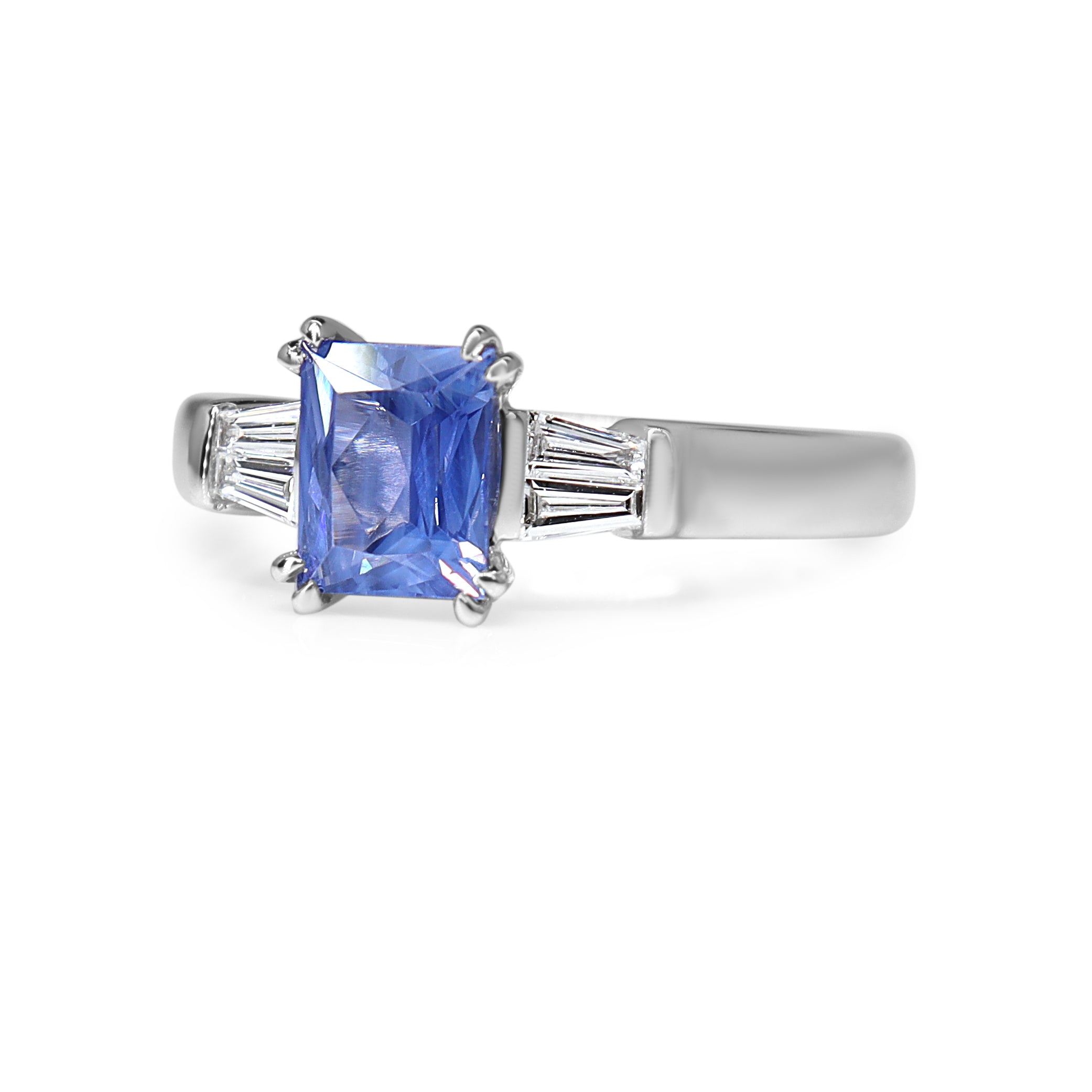 18ct White Gold Emerald Cut Sapphire and Baguette Diamond Ring