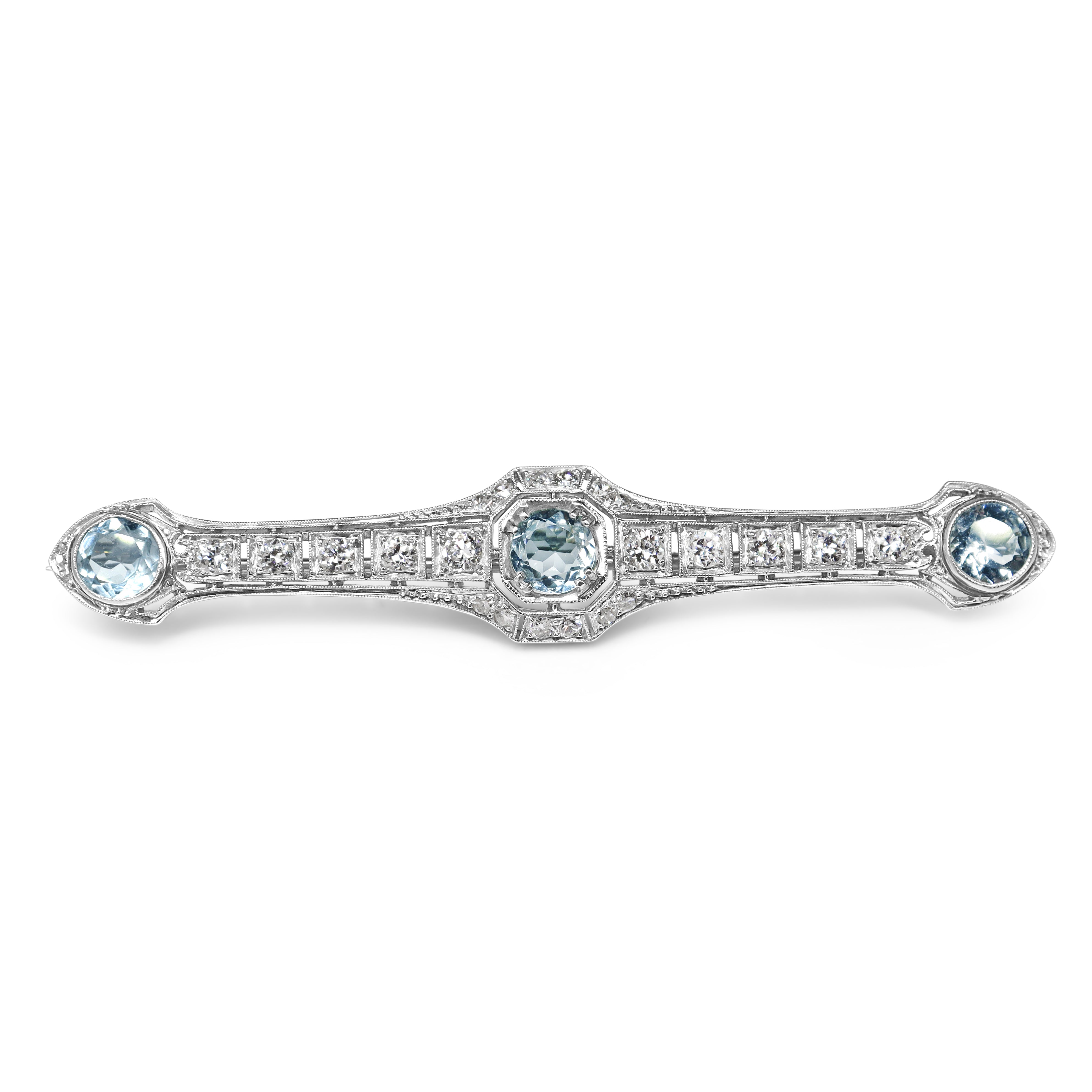 Platinum Art Deco Aquamarine and Old Cut Diamond Brooch