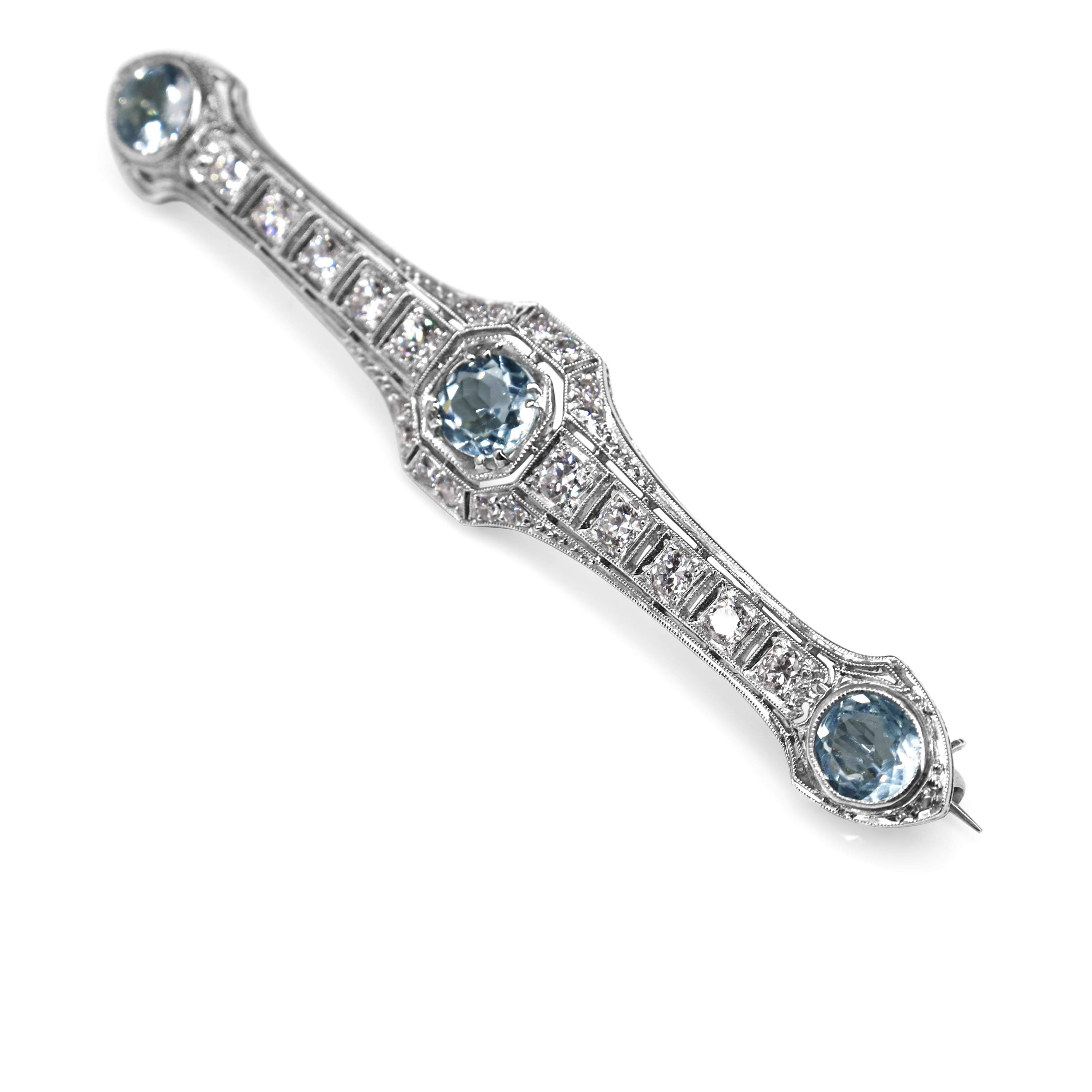 Platinum Art Deco Aquamarine and Old Cut Diamond Brooch