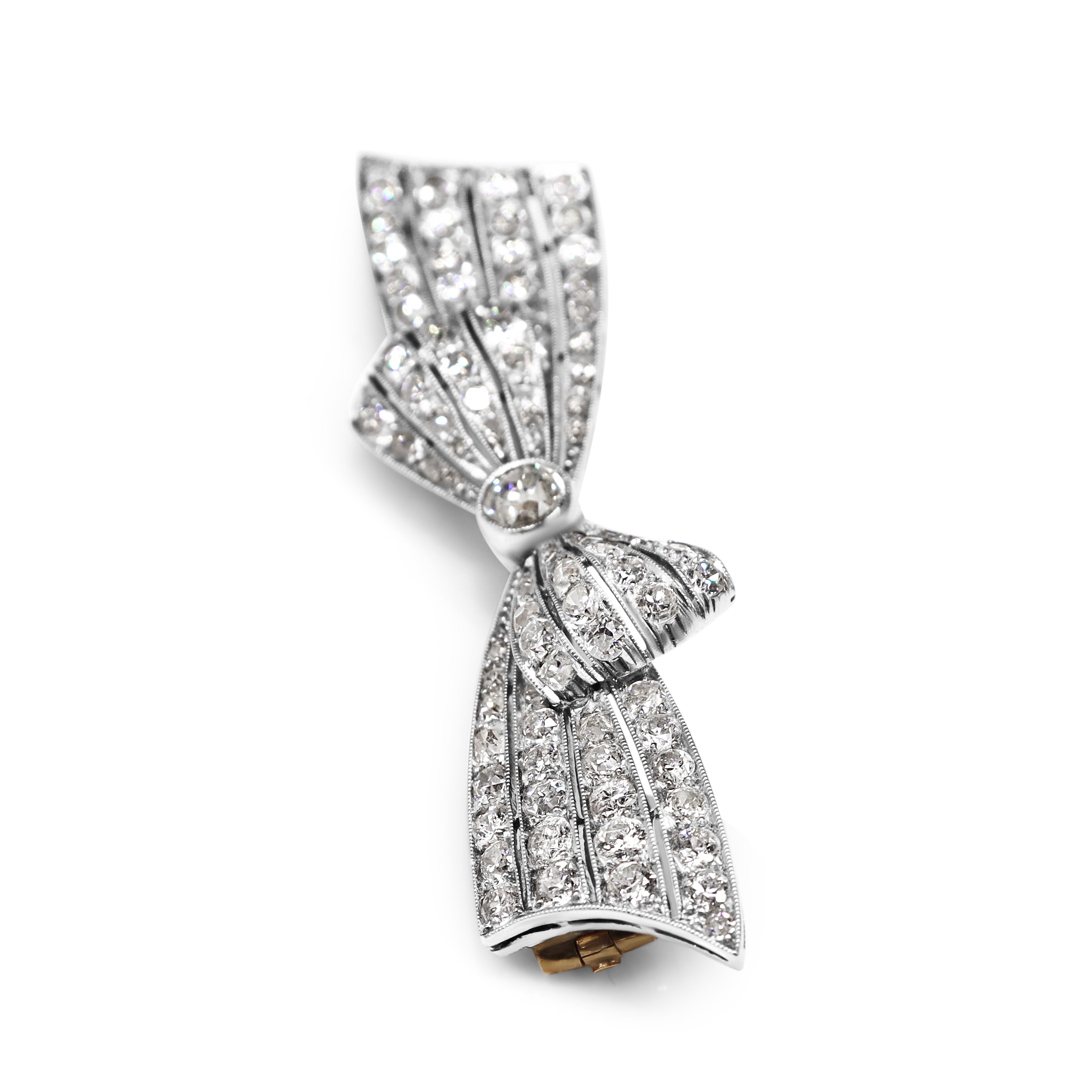 Platinum and 14ct Yellow Gold Art Deco Old Cut Diamond Bow Brooch