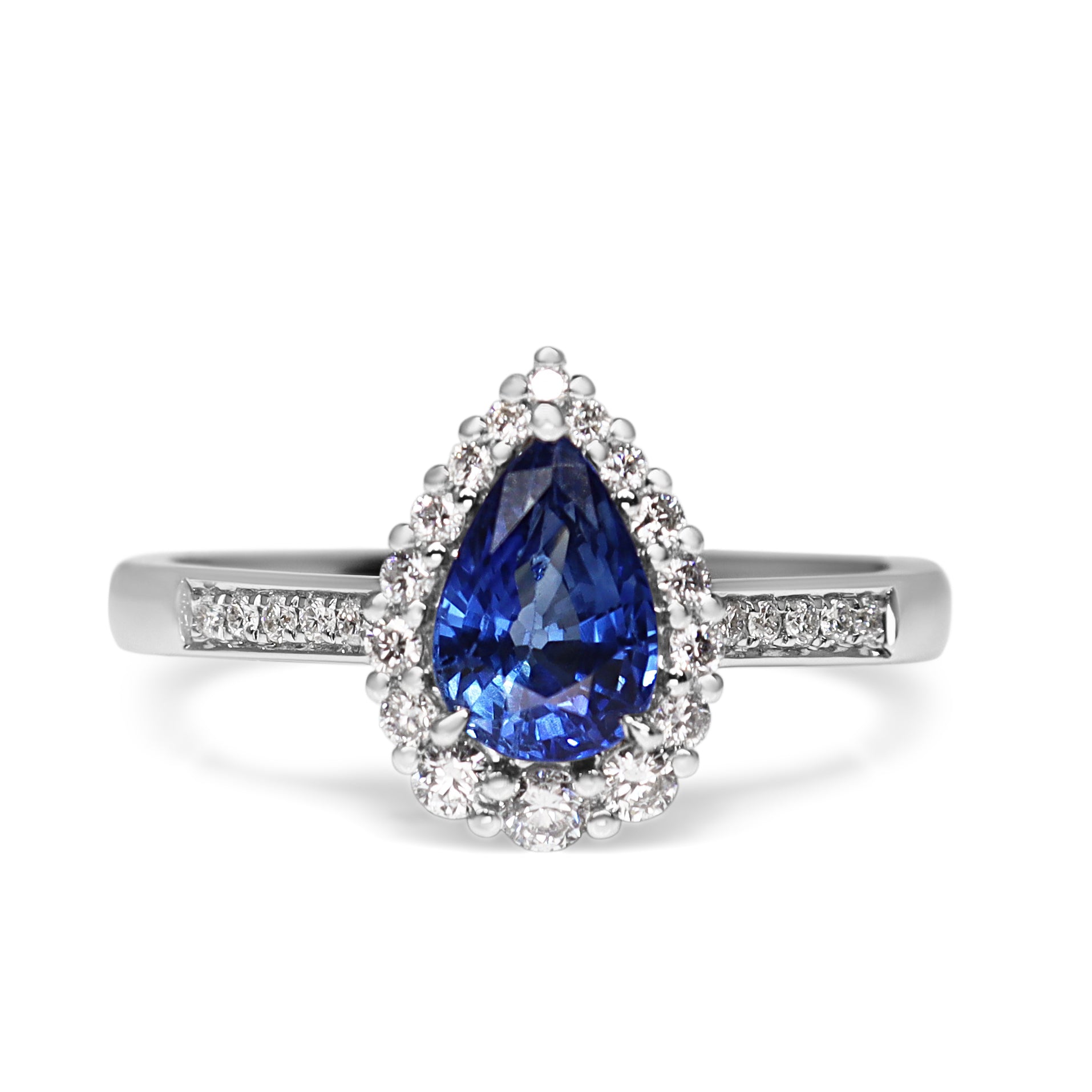 18ct White Gold Pear Shaped Sapphire and Diamond Graduated Halo Ring