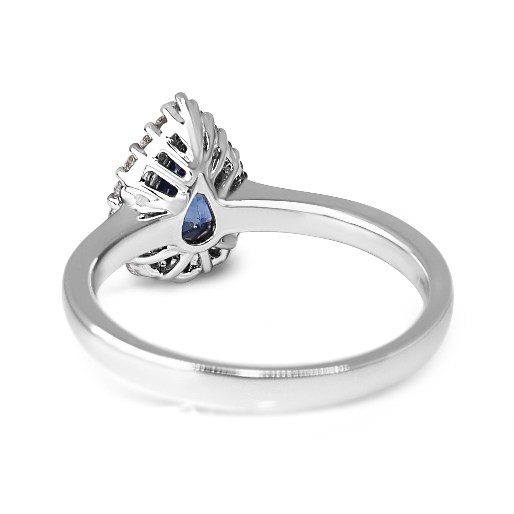18ct White Gold Pear Shaped Sapphire and Diamond Graduated Halo Ring