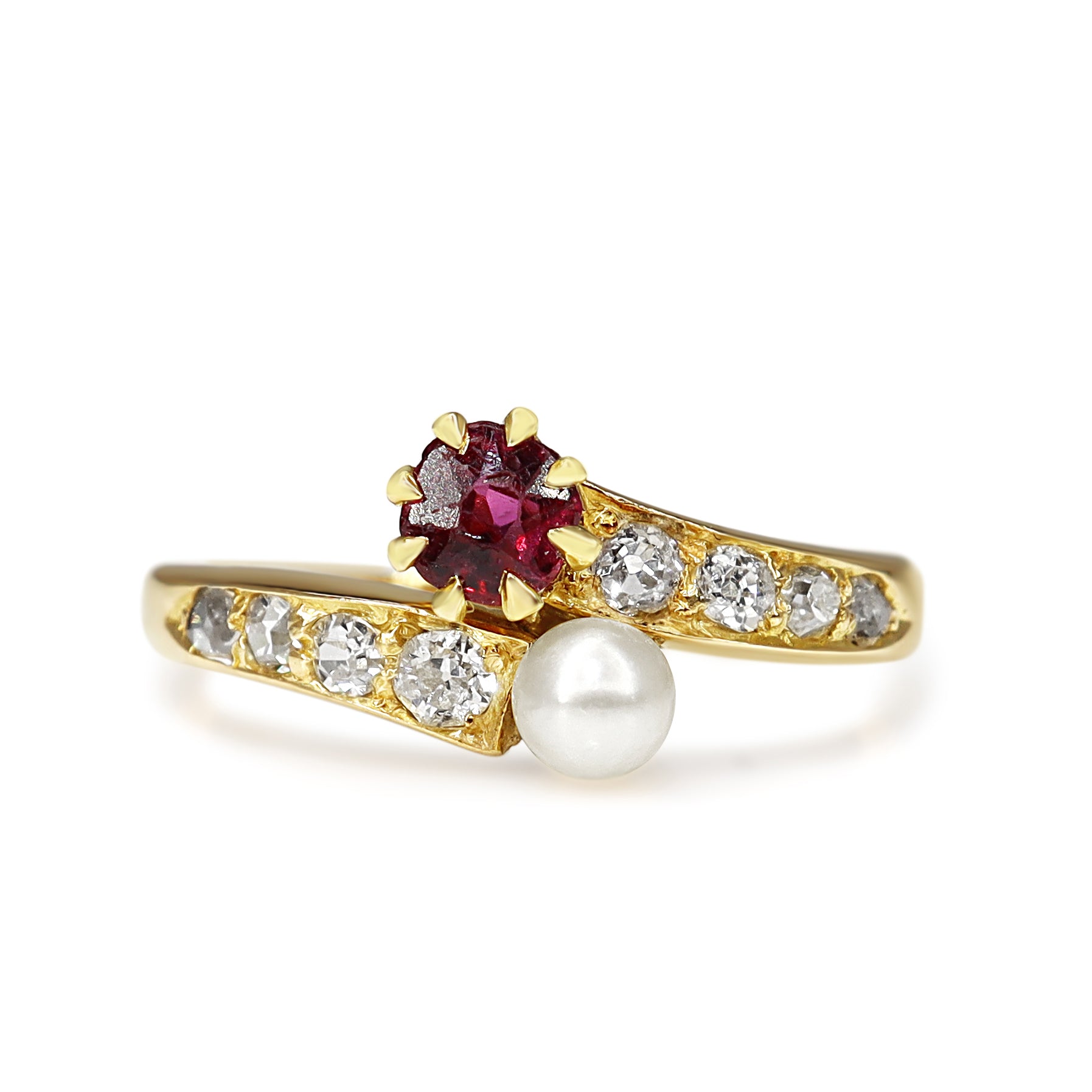 18ct Yellow Gold Antique Ruby, Pearl and Old Cut Diamond Moi et Toi Ring