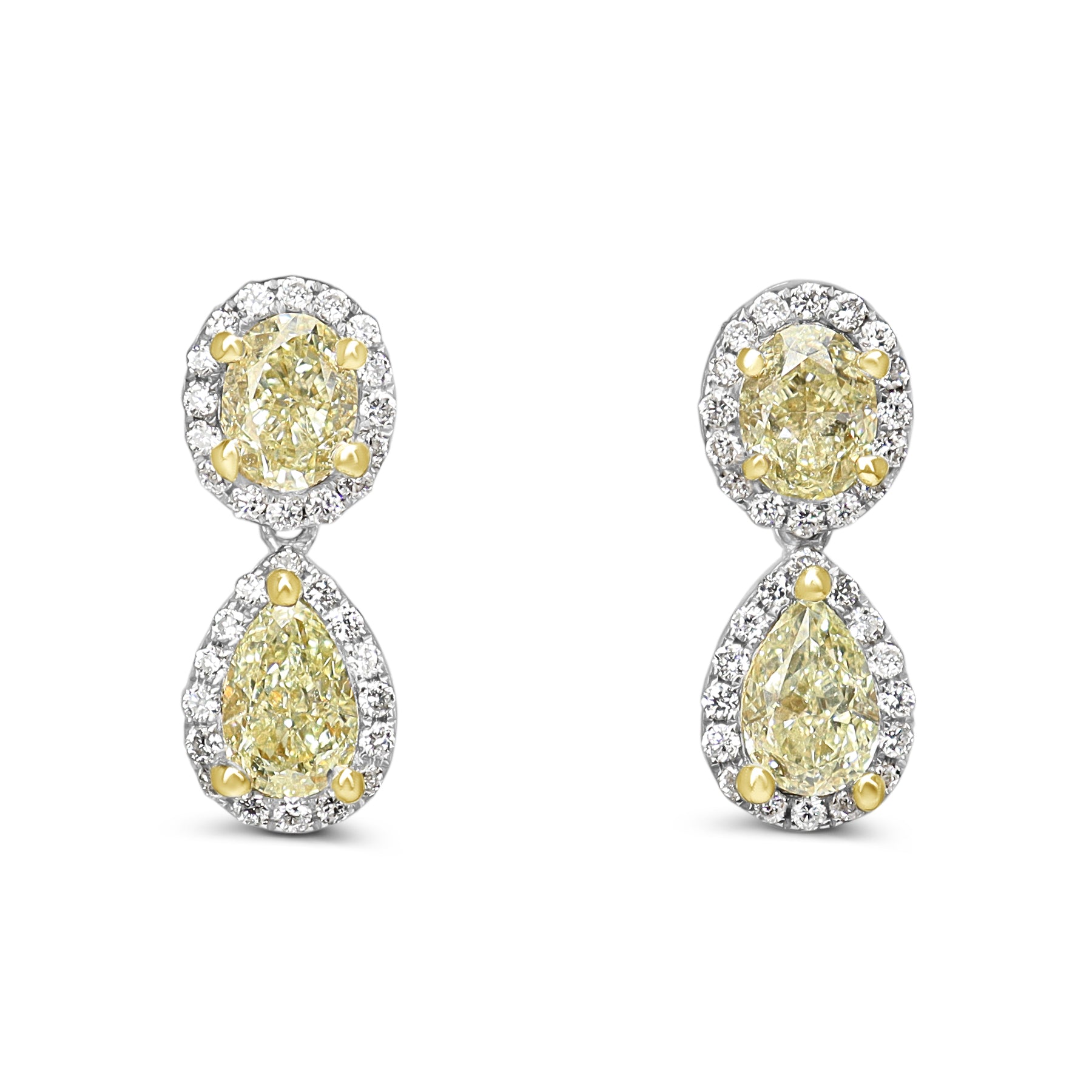 18ct Yellow and White Gold Oval and Pear Yellow Diamond Halo Drop Earrings