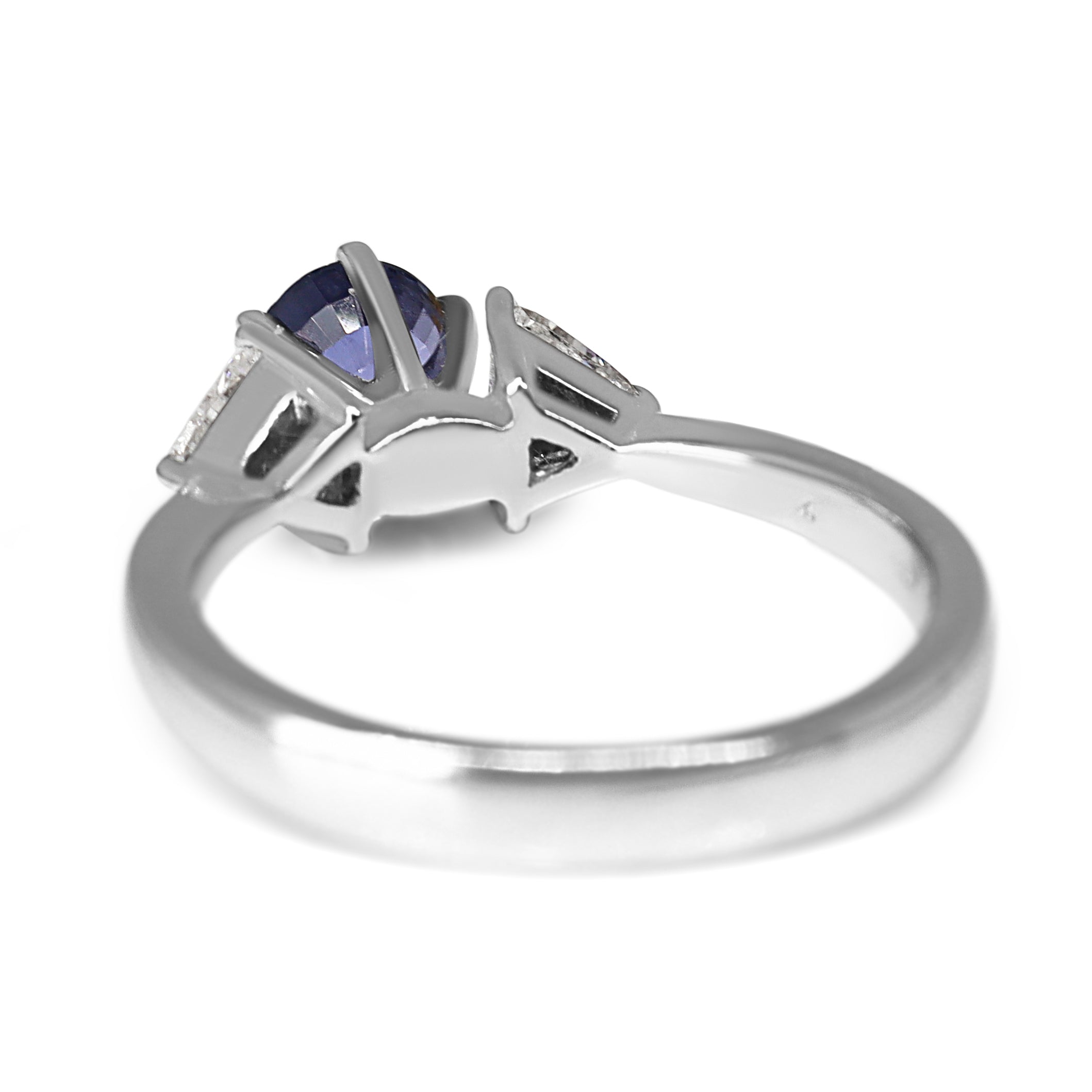 18ct White Gold Round Sapphire and Trillion Diamond 3 Stone Ring