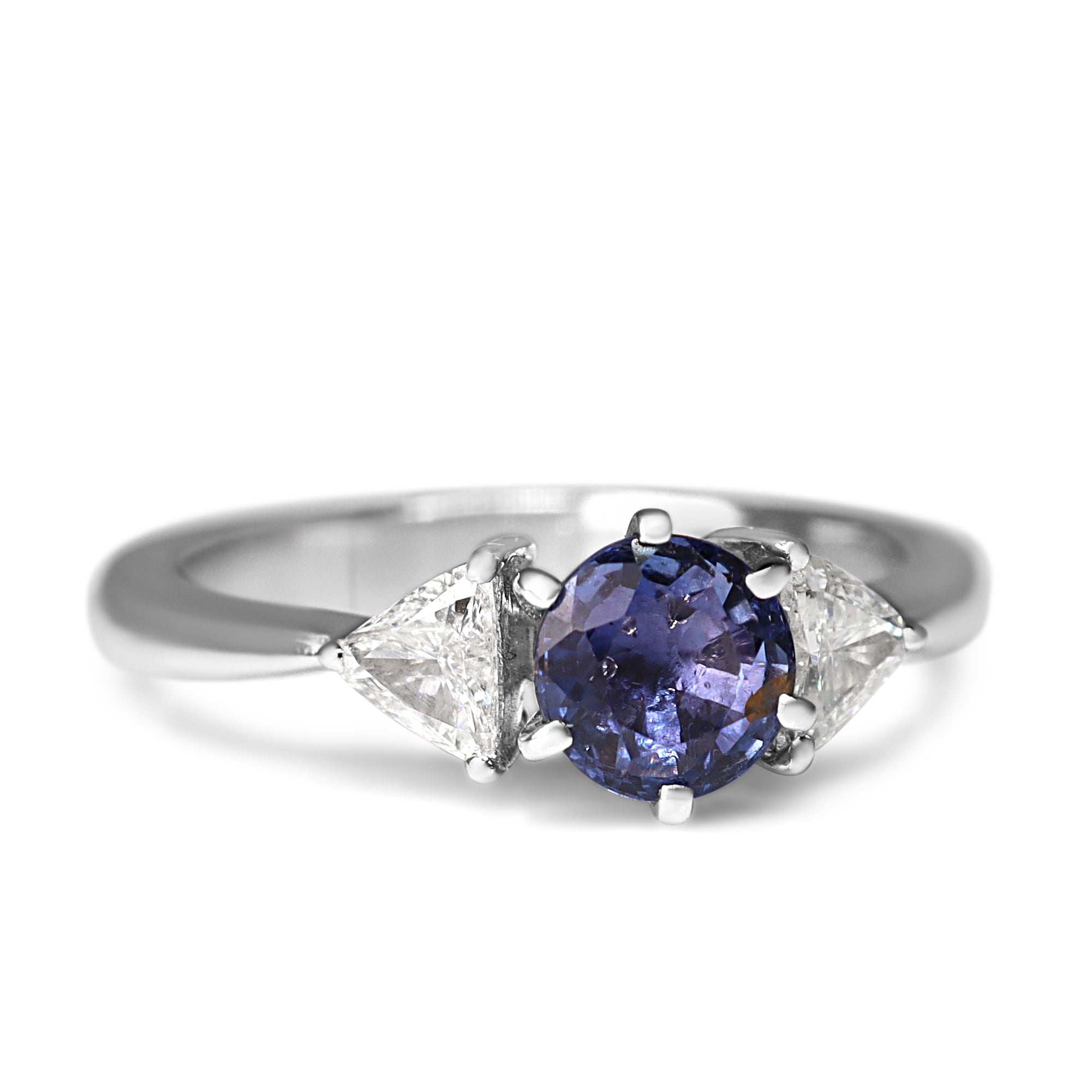 18ct White Gold Round Sapphire and Trillion Diamond 3 Stone Ring
