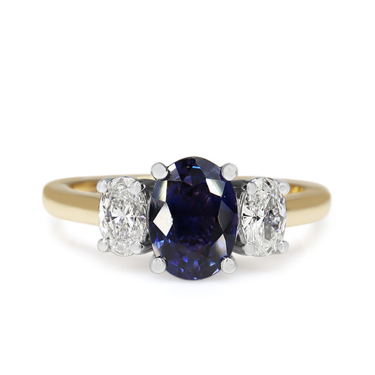 18ct Yellow and White Gold Oval Purple/Blue Sapphire and Diamond 3 Stone Ring