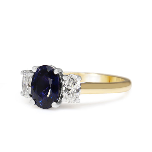 18ct Yellow and White Gold Oval Purple/Blue Sapphire and Diamond 3 Stone Ring