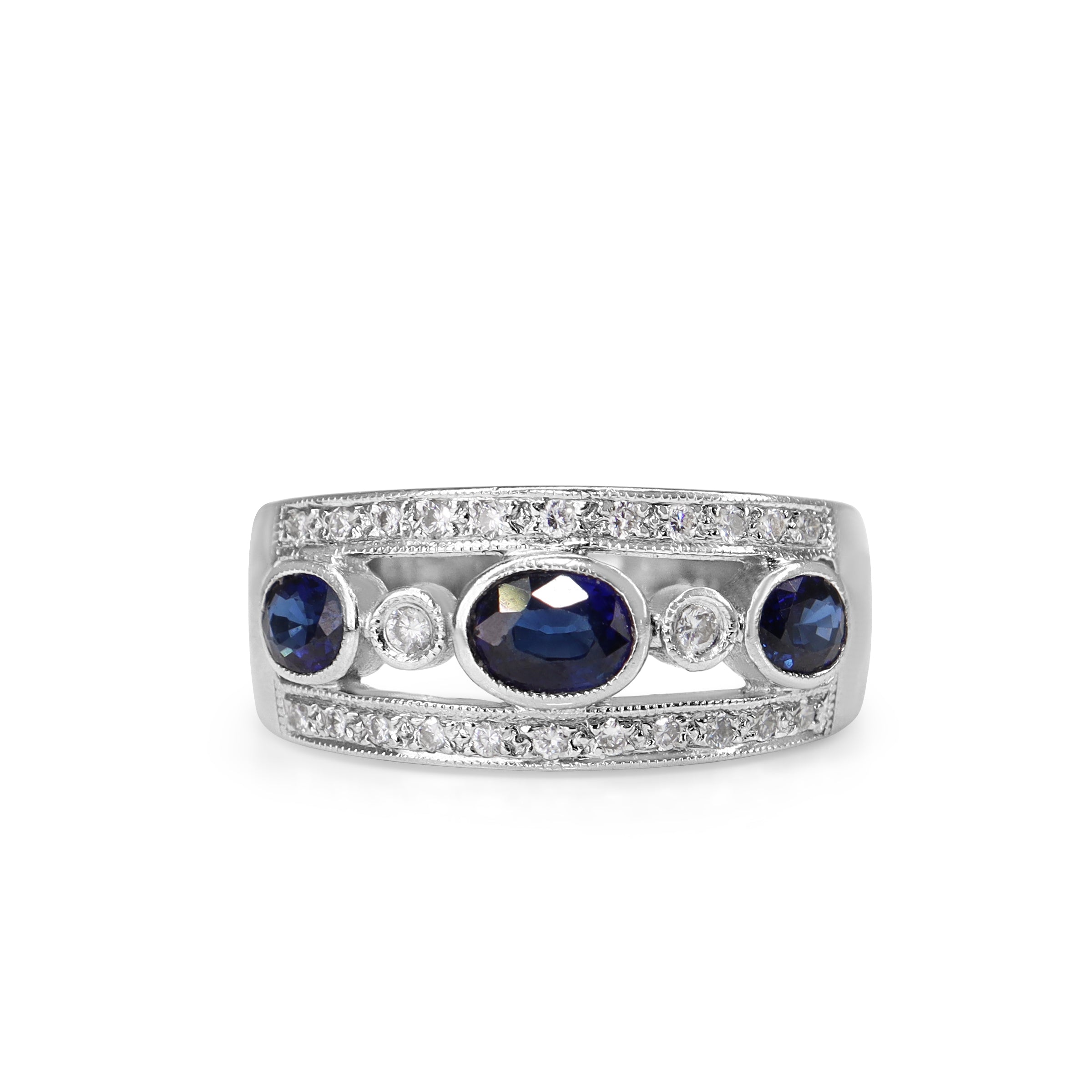 18ct White Gold Oval Sapphire and Diamond Band Ring