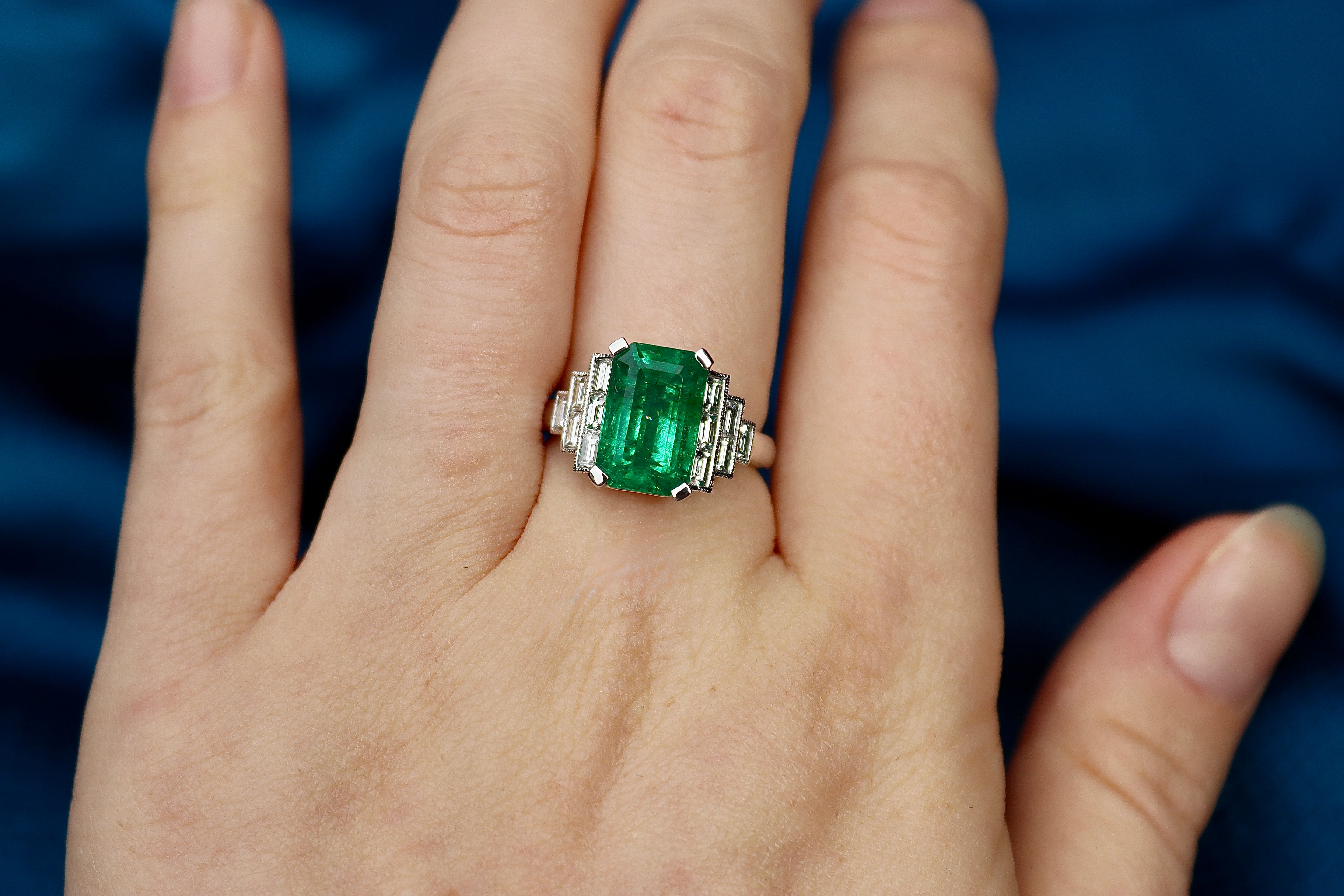 Platinum Emerald and Baguette Diamond Art Deco Style Ring