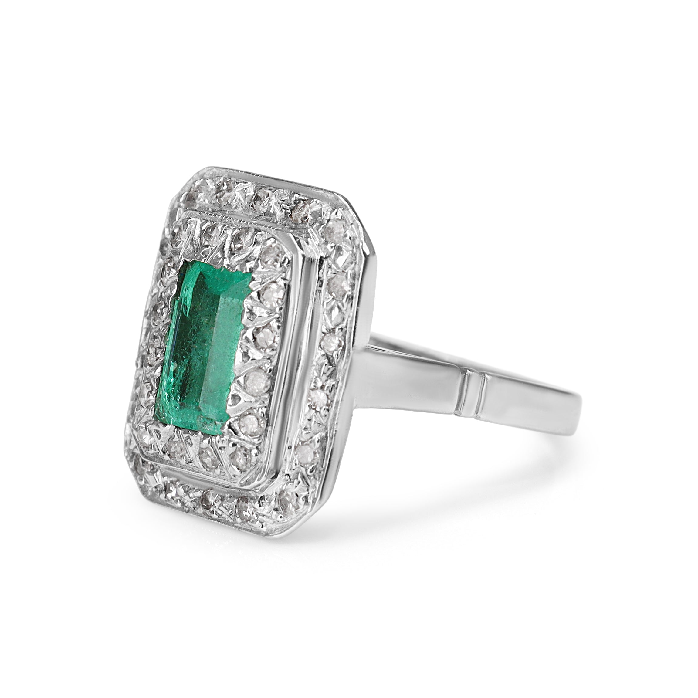 Palladium Emerald and Single Cut Diamond Double Halo Vintage Ring