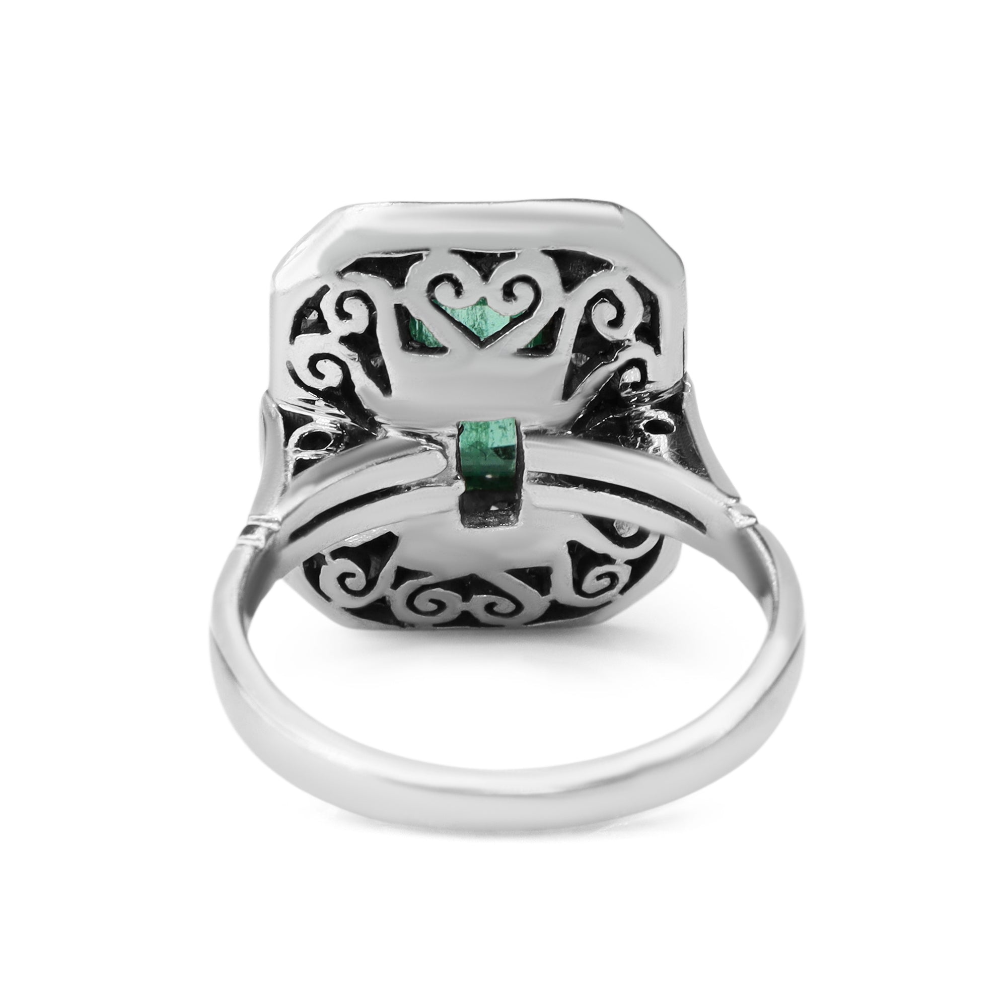 Palladium Emerald and Single Cut Diamond Double Halo Vintage Ring