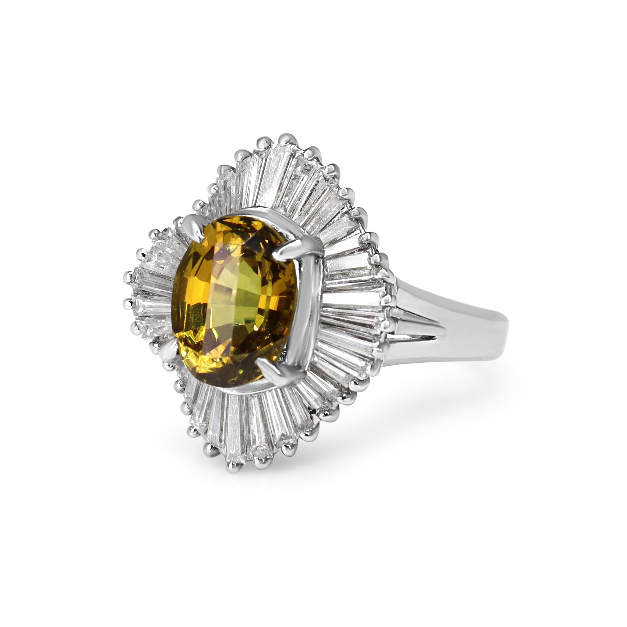 Platinum Yellow Sapphire and Diamond Halo Ballerina Style Ring
