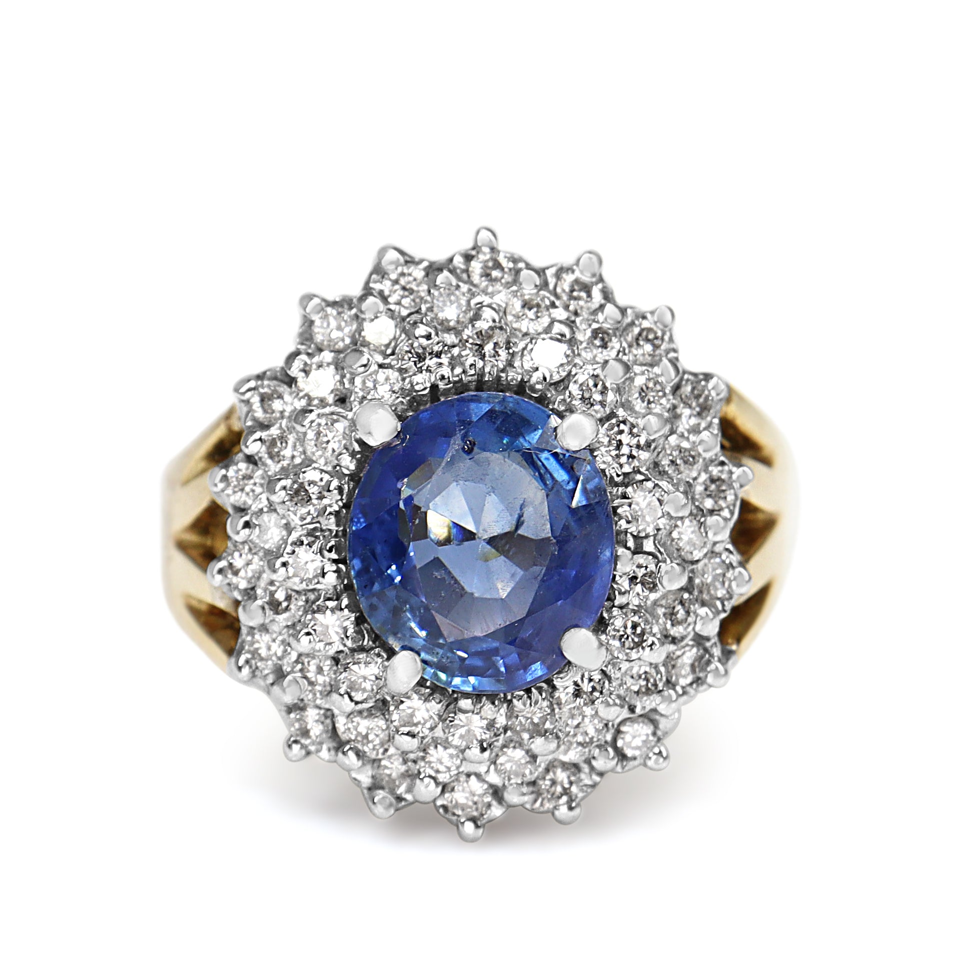 14ct Yellow and White Gold Sapphire and Diamond Double Halo Cocktail Ring