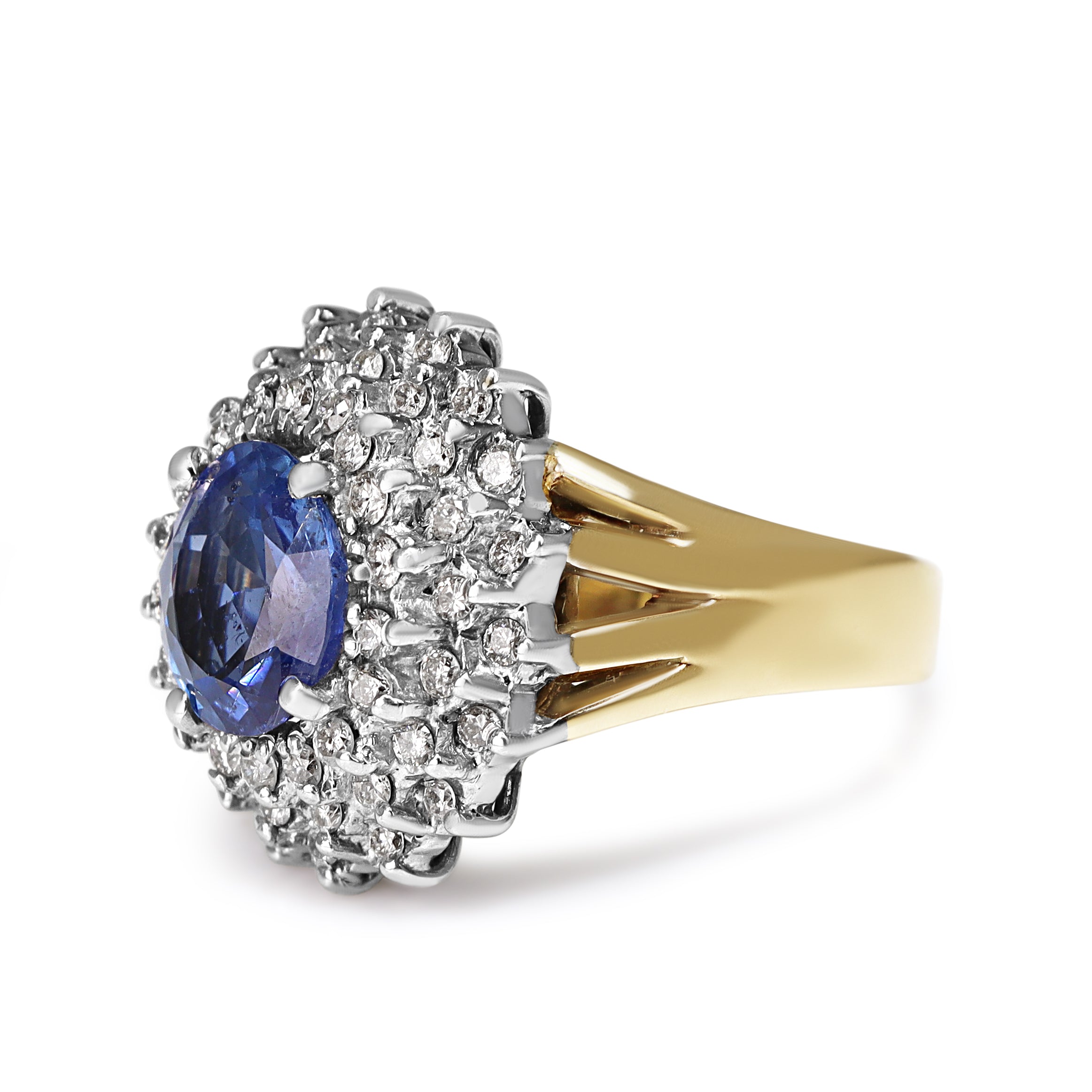 14ct Yellow and White Gold Sapphire and Diamond Double Halo Cocktail Ring