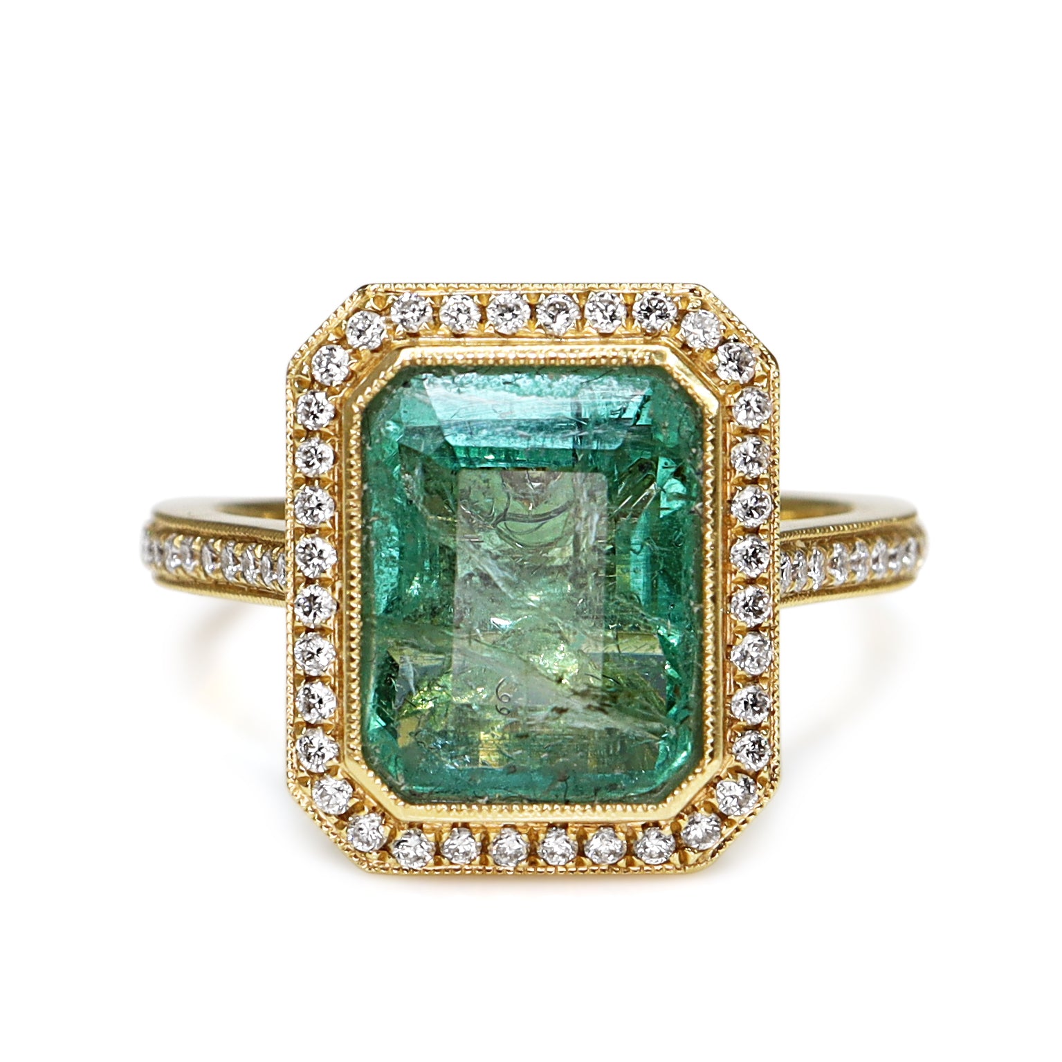 18ct Yellow Gold Emerald and Diamond Halo Ring