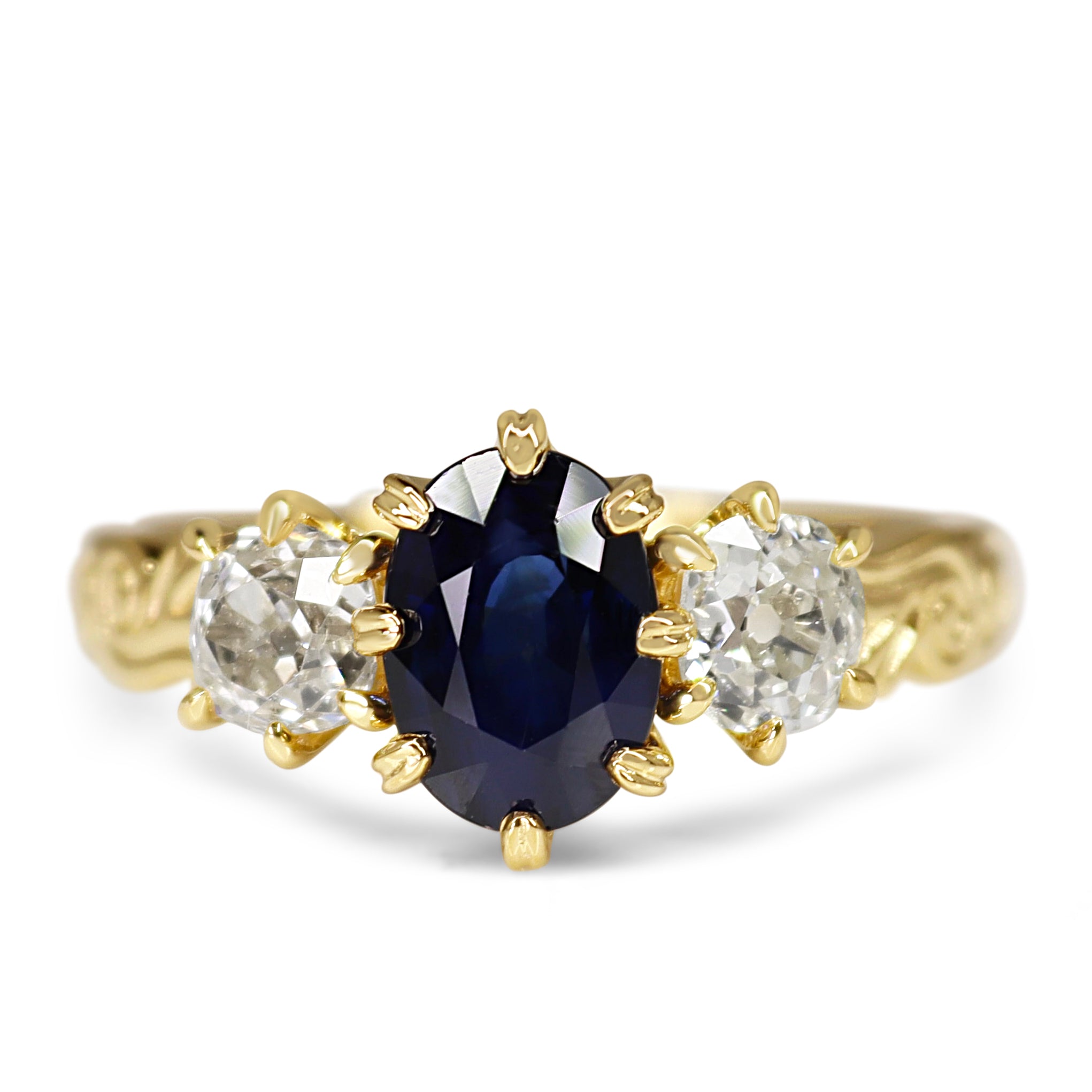 18ct Yellow Gold Antique Style Sapphire and Old Cut Diamond 3 Stone Ring