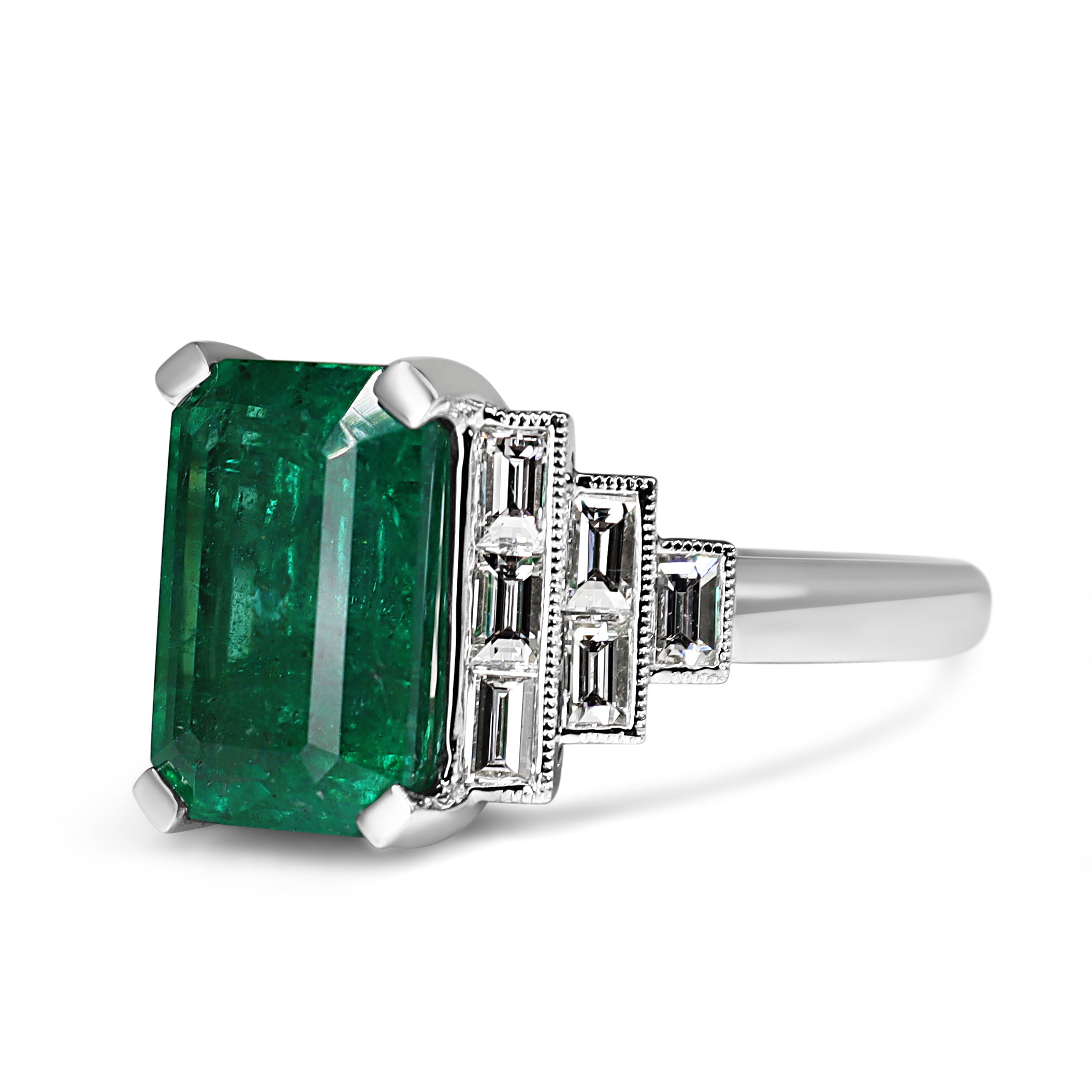 Platinum Emerald and Baguette Diamond Art Deco Style Ring
