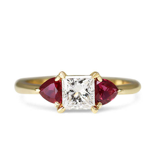 18ct Yellow Gold Princess Cut Diamond and Trillion Cut Ruby 3 Stone Ring