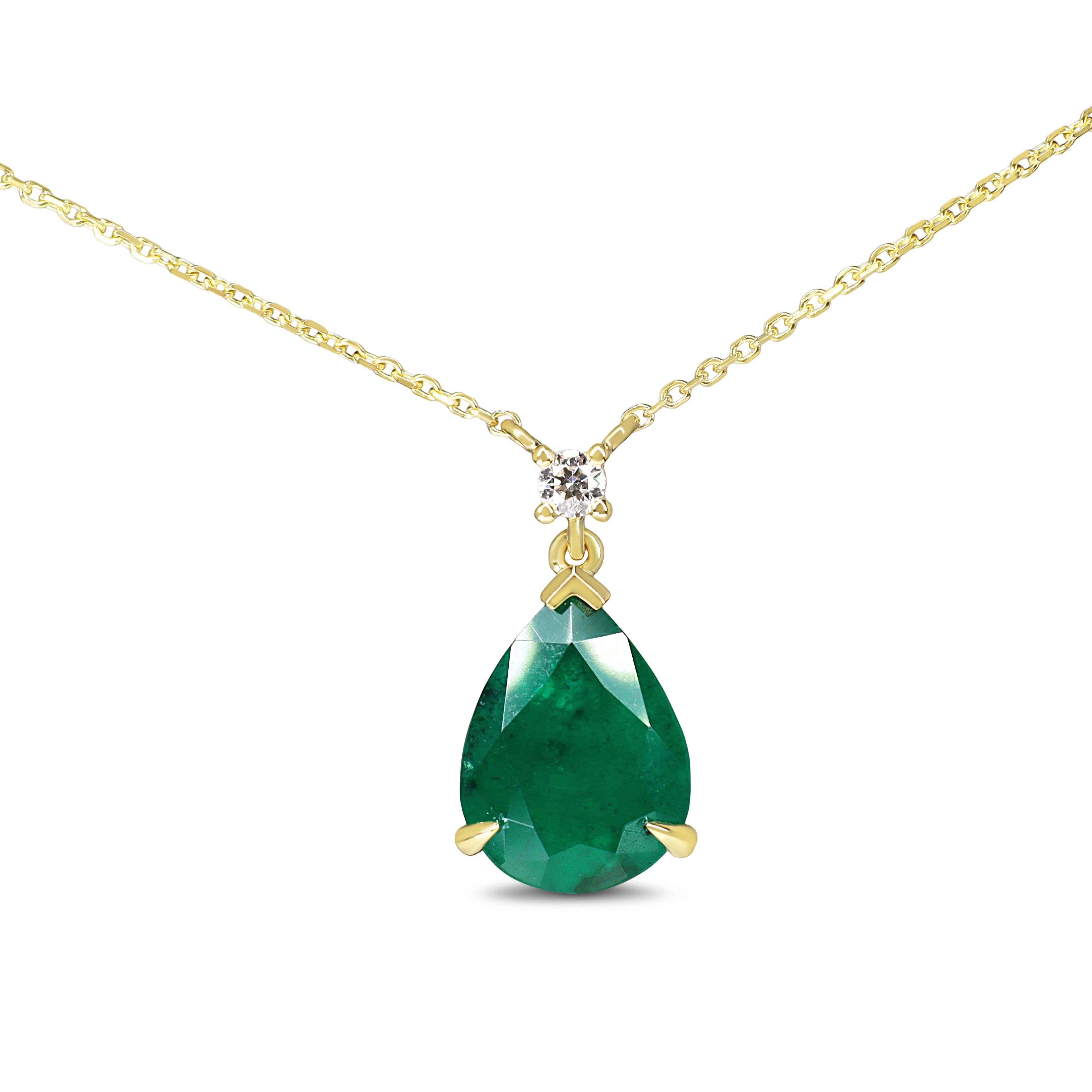 18ct Yellow Gold Pear Emerald and Diamond Drop Necklace