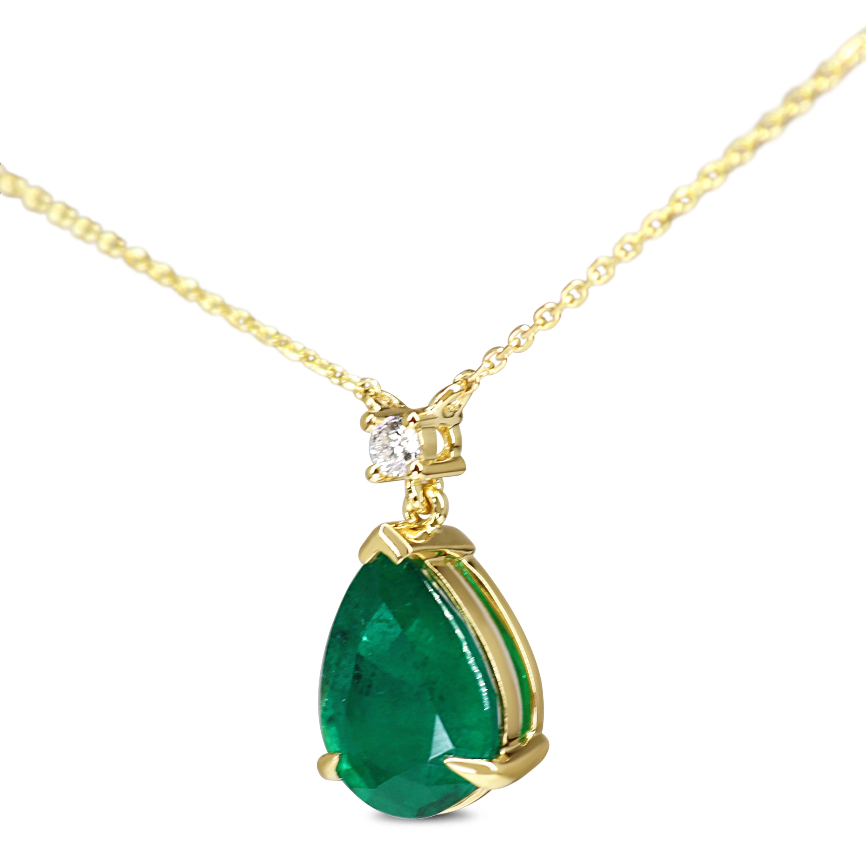 18ct Yellow Gold Pear Emerald and Diamond Drop Necklace