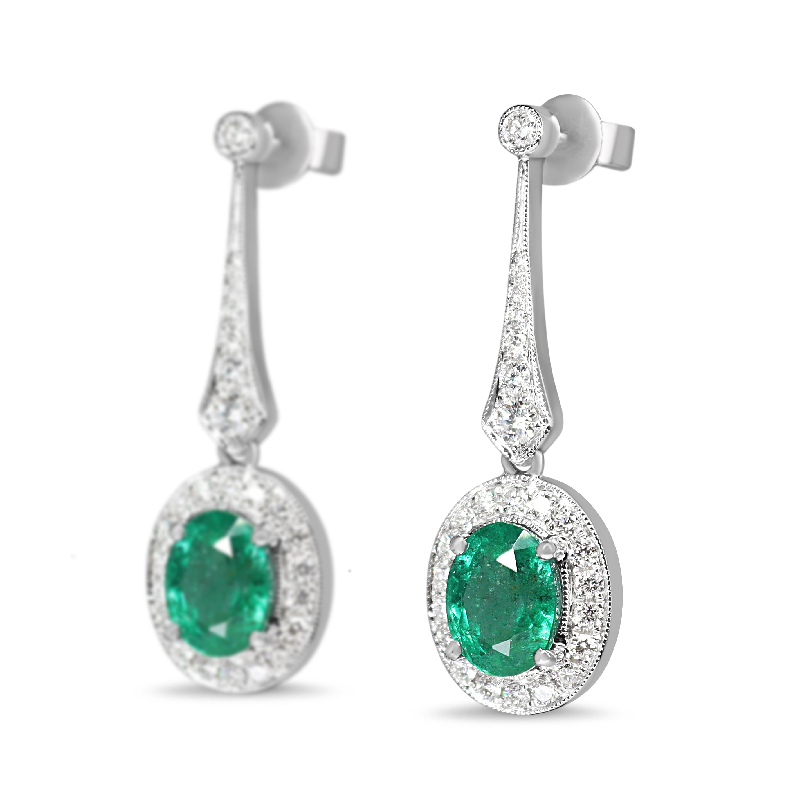 18ct White Gold Emerald and Diamond Art Deco Style Earrings