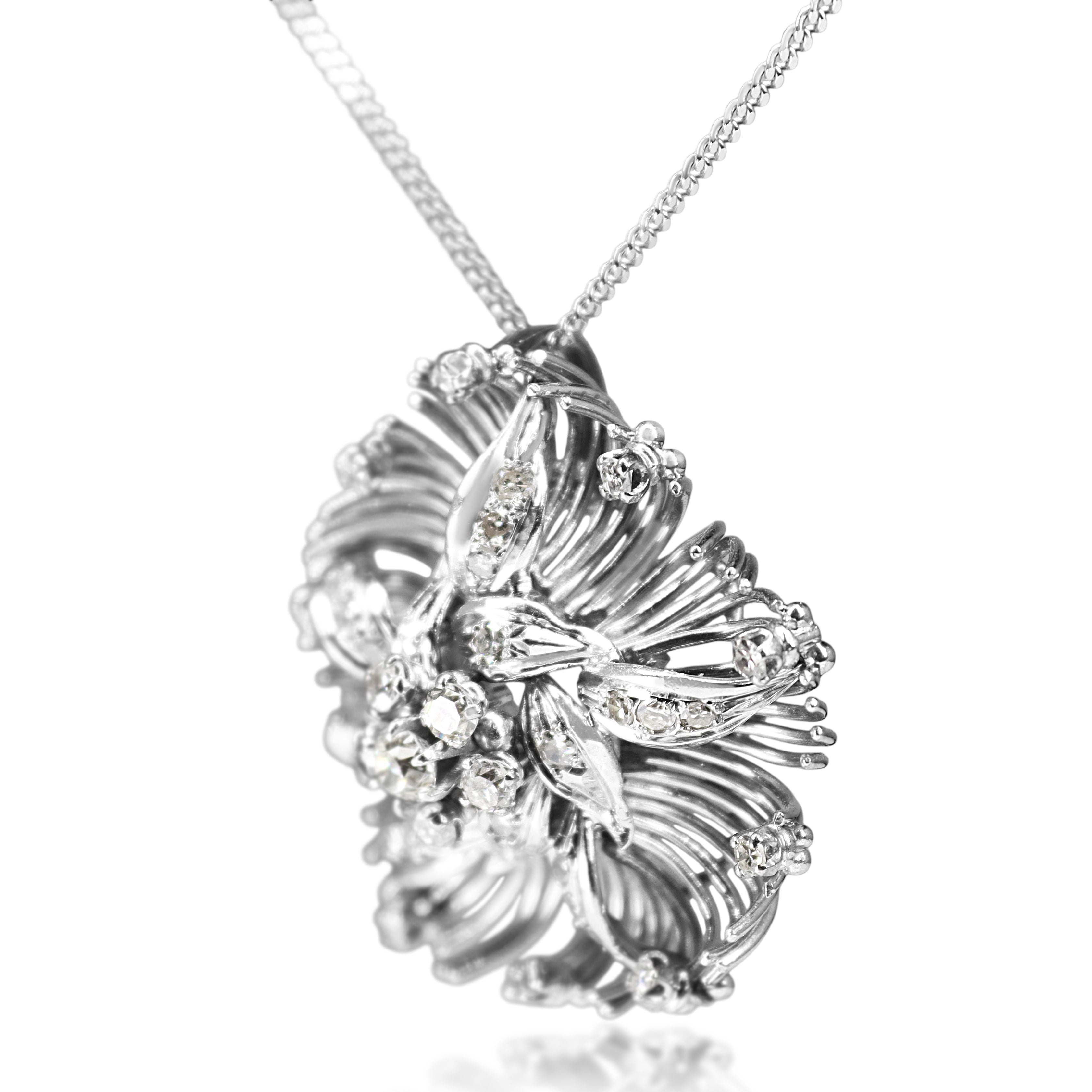18ct White Gold Vintage Old Cut Diamond Floral Necklace