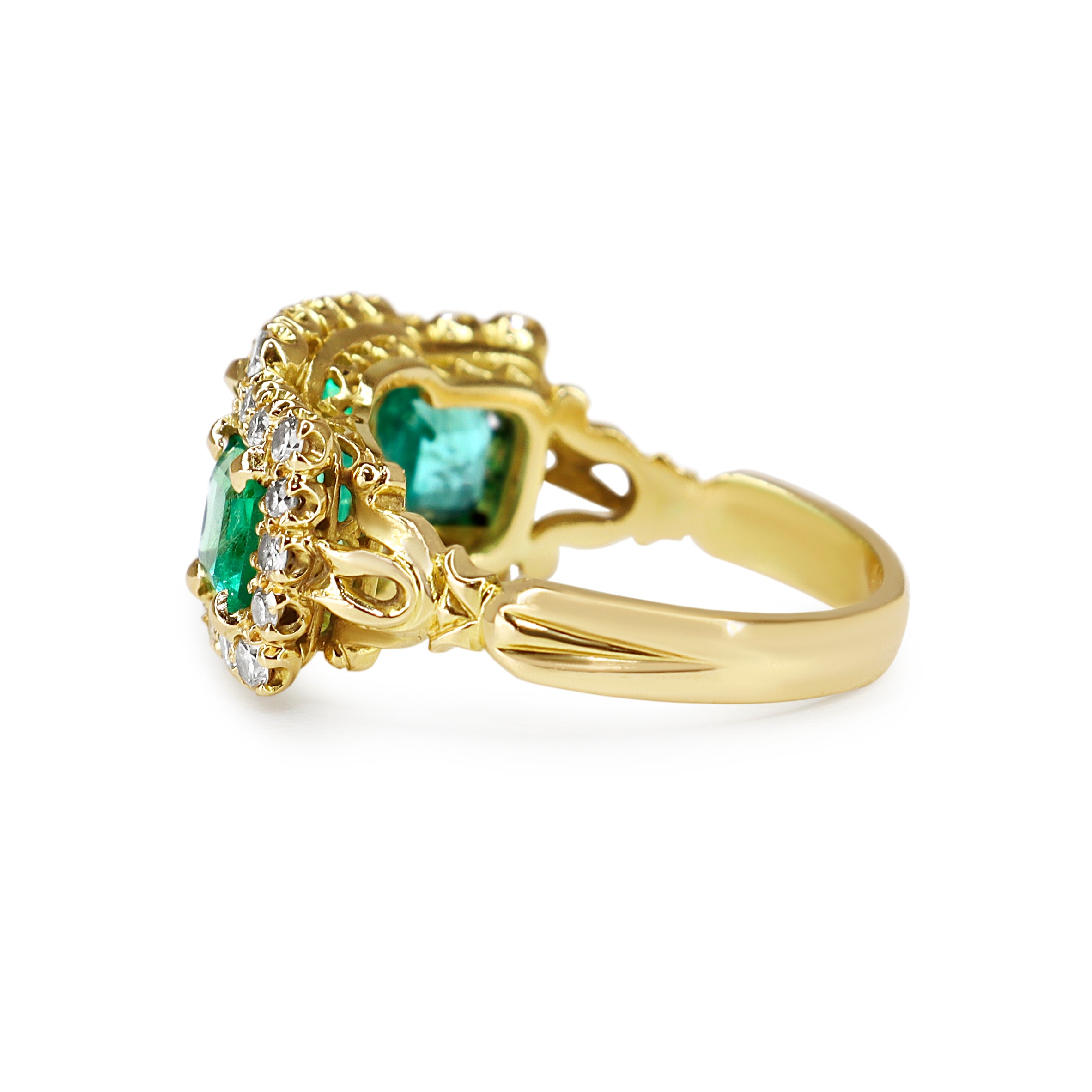 18ct Yellow Gold Emerald and Diamond 3 Stone Halo Ring
