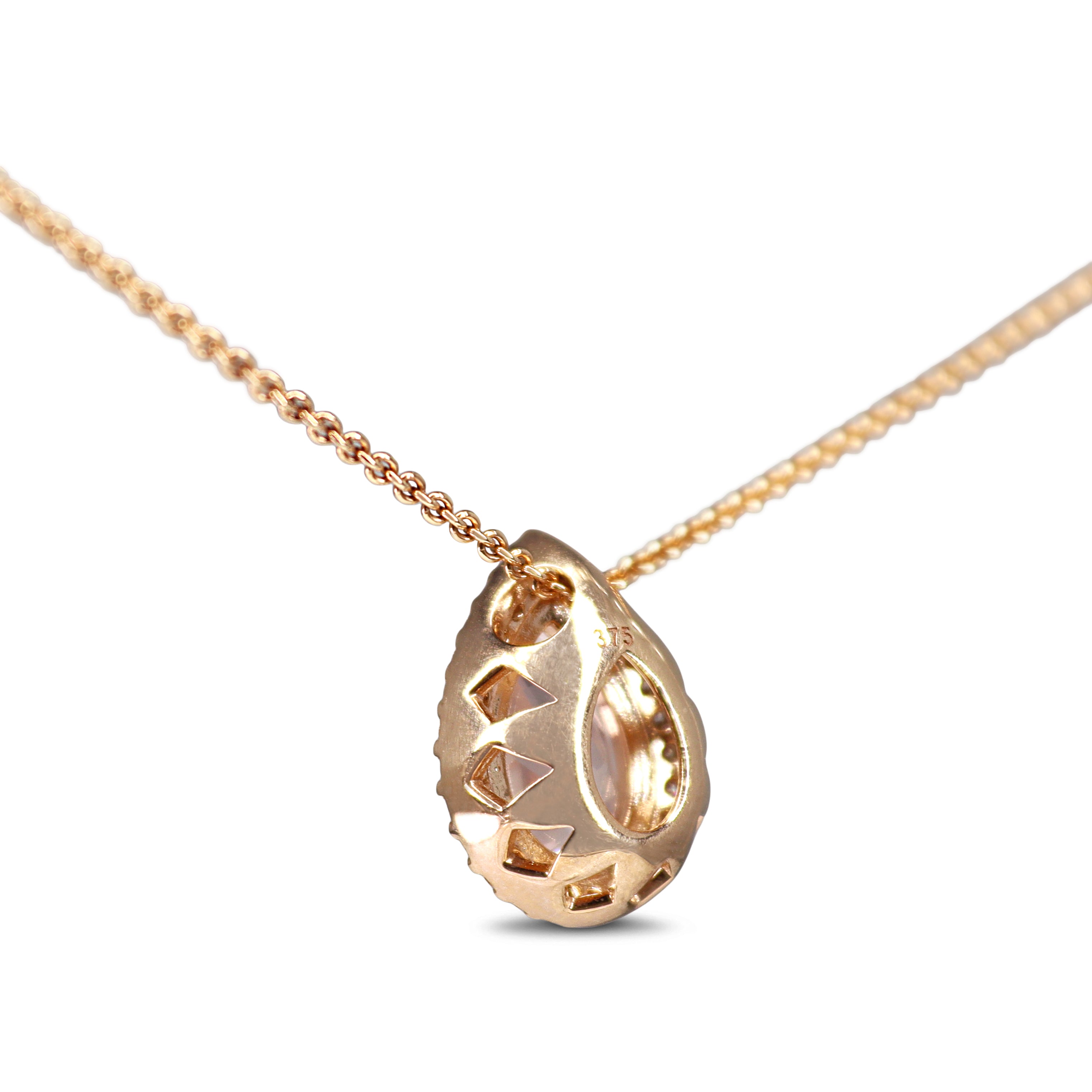 9ct Rose Gold Pear Rose Quartz and Diamond Halo Necklace