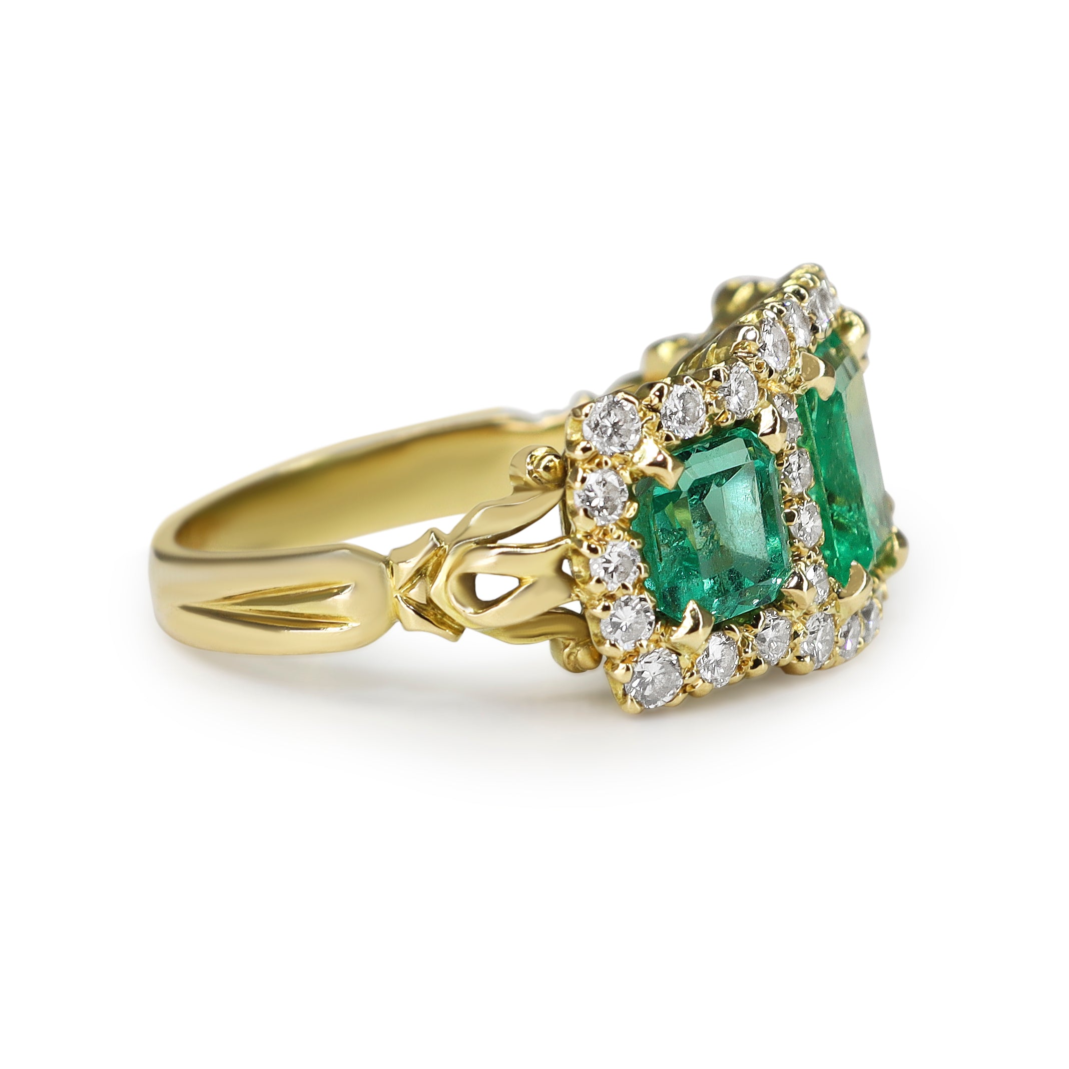 18ct Yellow Gold Emerald and Diamond 3 Stone Halo Ring