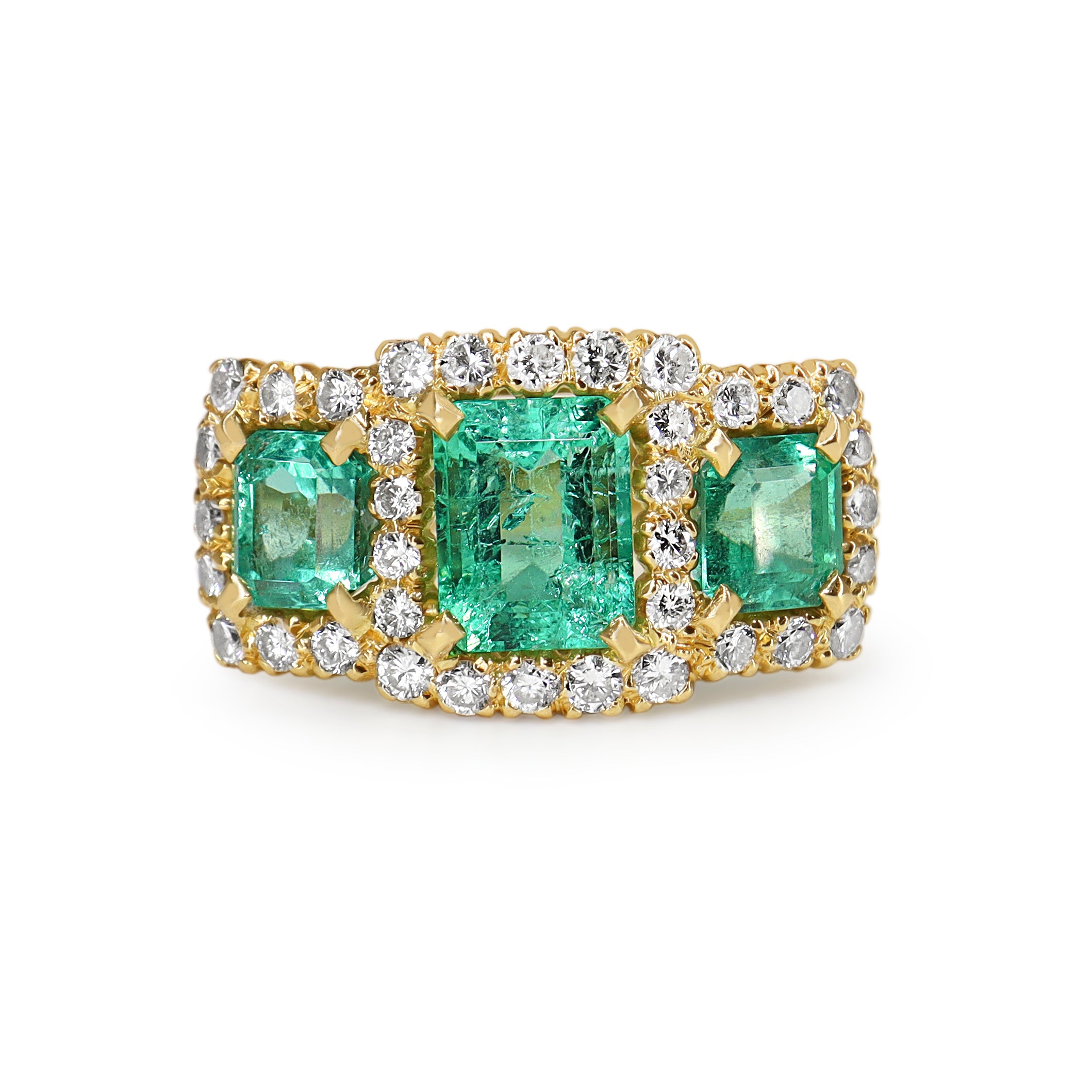 18ct Yellow Gold Emerald and Diamond 3 Stone Halo Ring