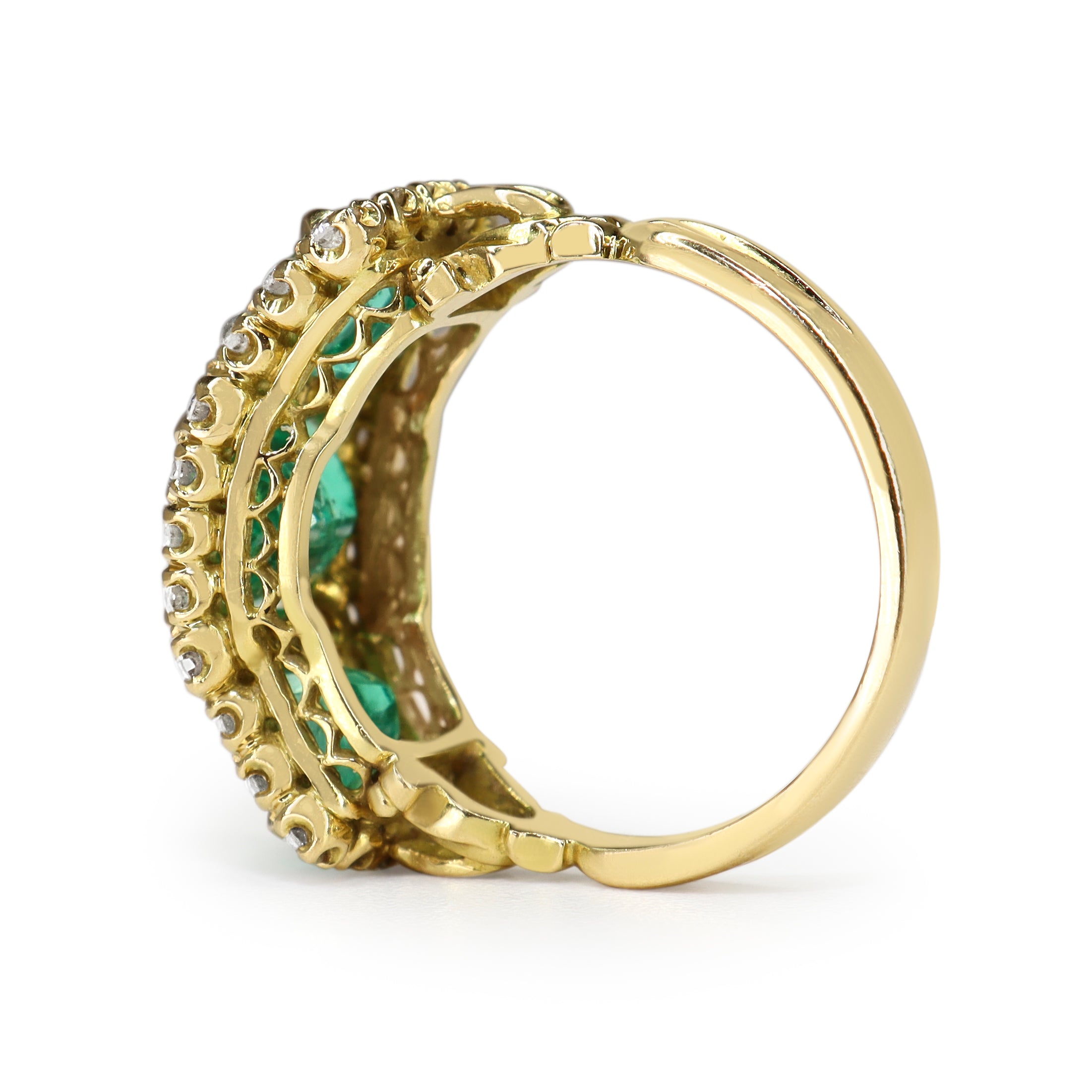 18ct Yellow Gold Emerald and Diamond 3 Stone Halo Ring