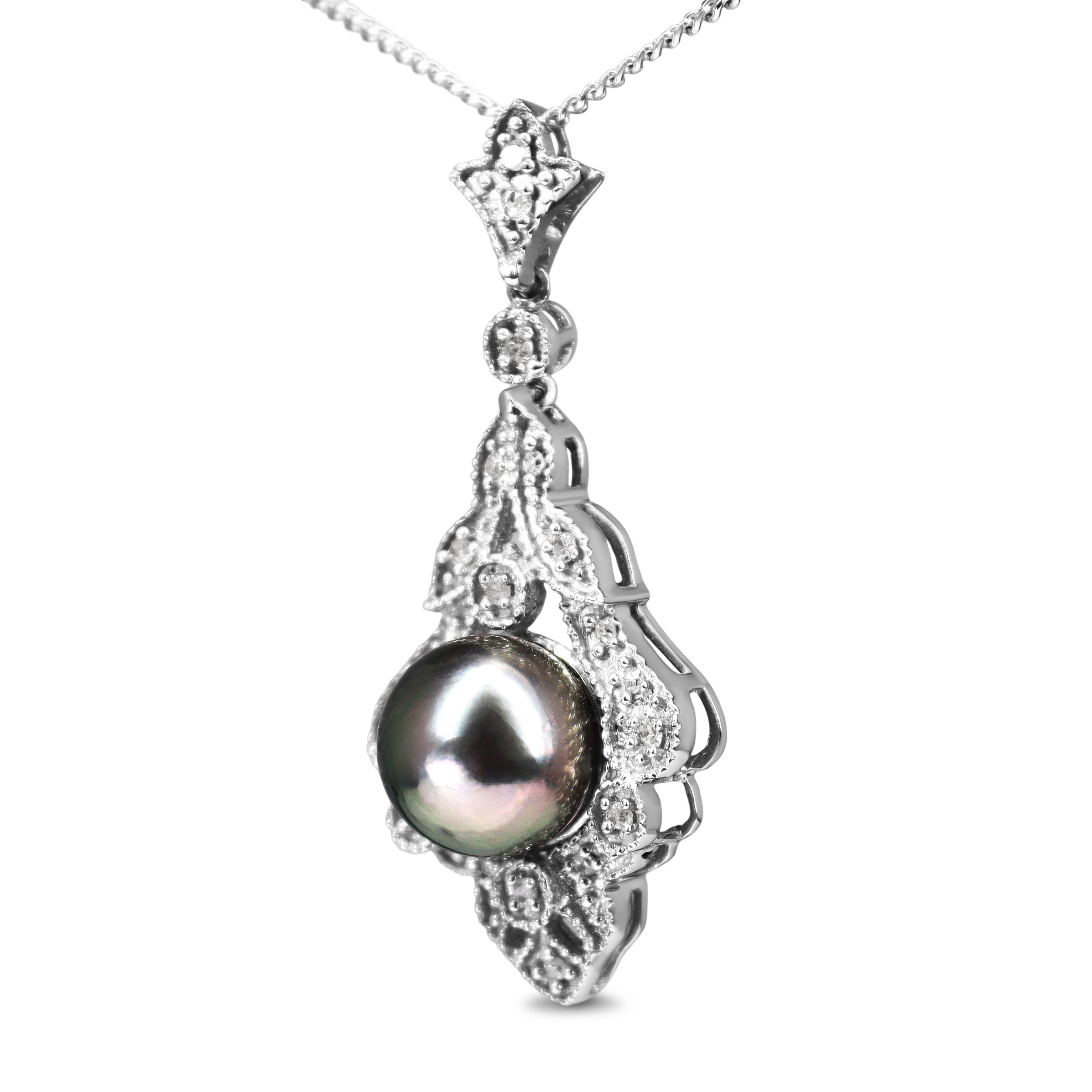 10ct White Gold 8mm Tahitian Pearl and Diamond Drop Necklace