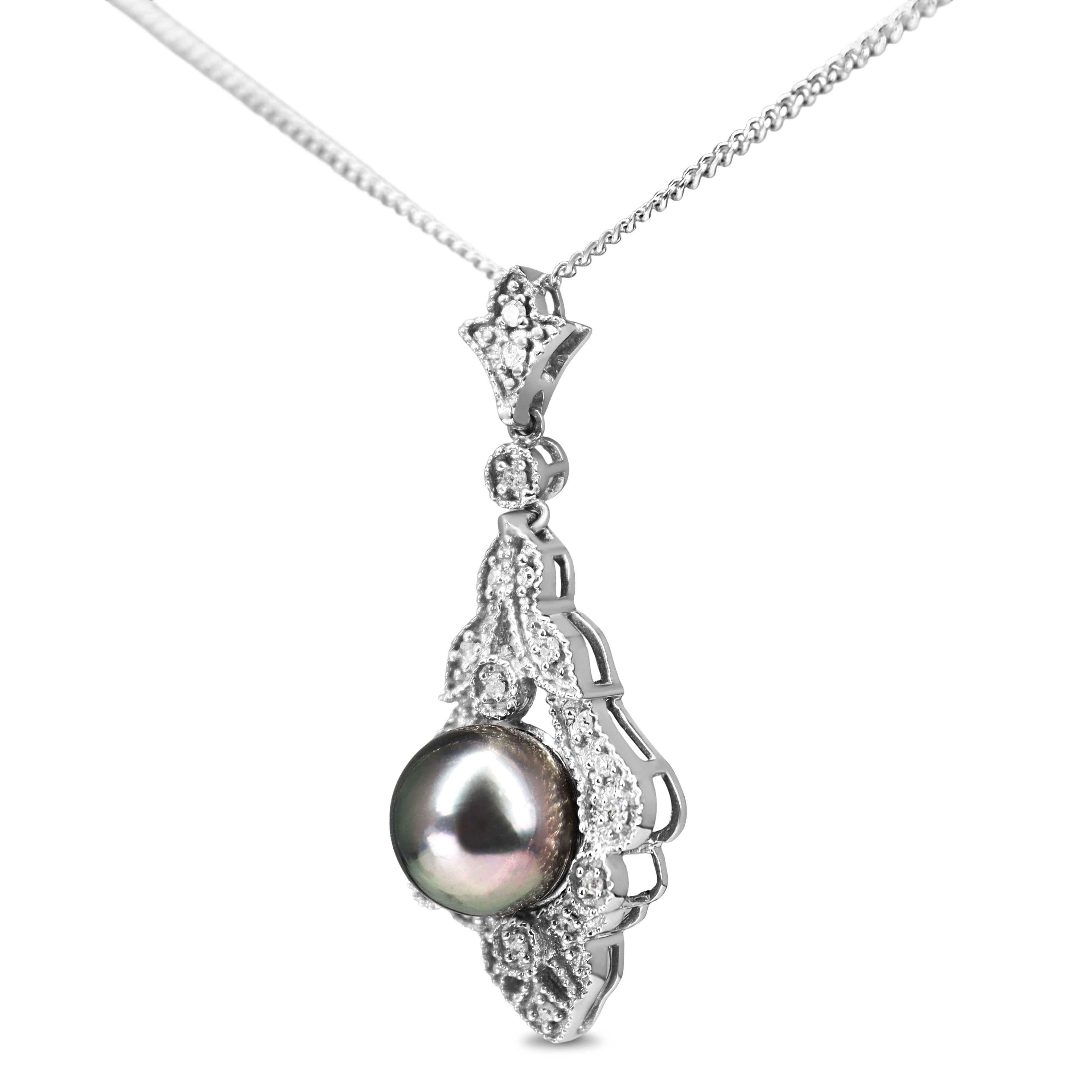 10ct White Gold 8mm Tahitian Pearl and Diamond Drop Necklace