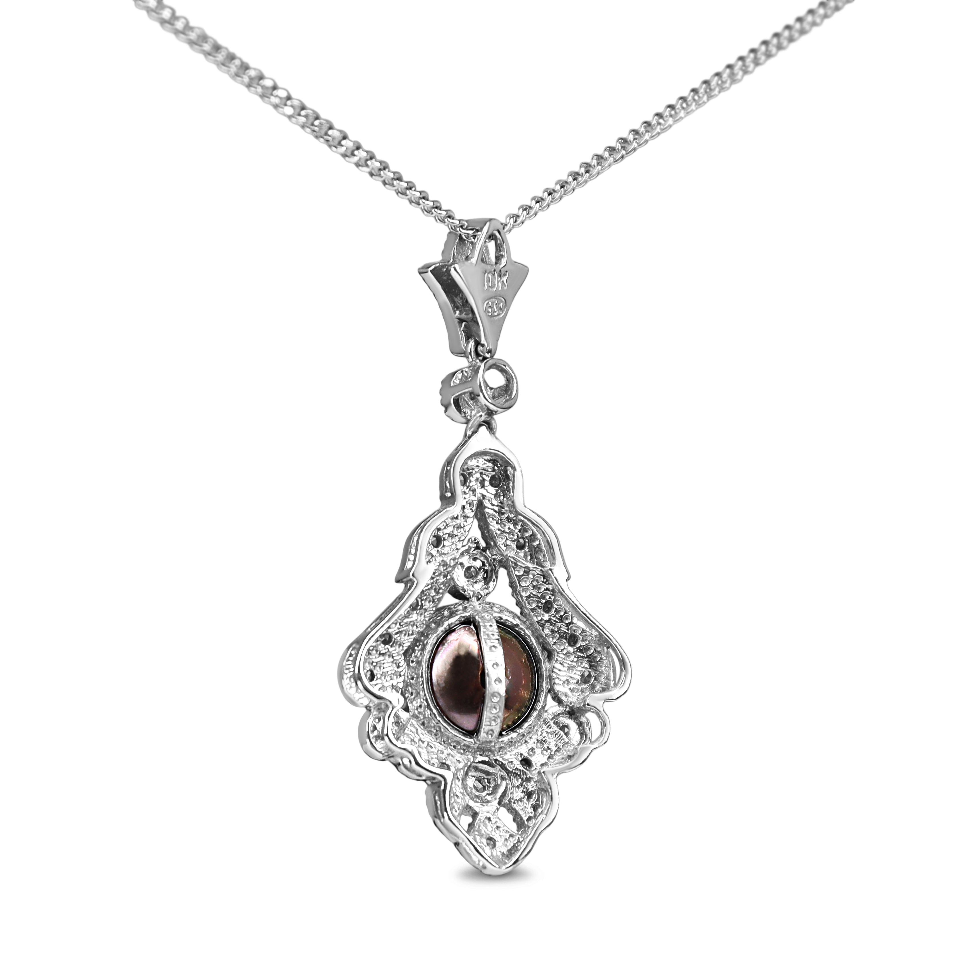 10ct White Gold 8mm Tahitian Pearl and Diamond Drop Necklace