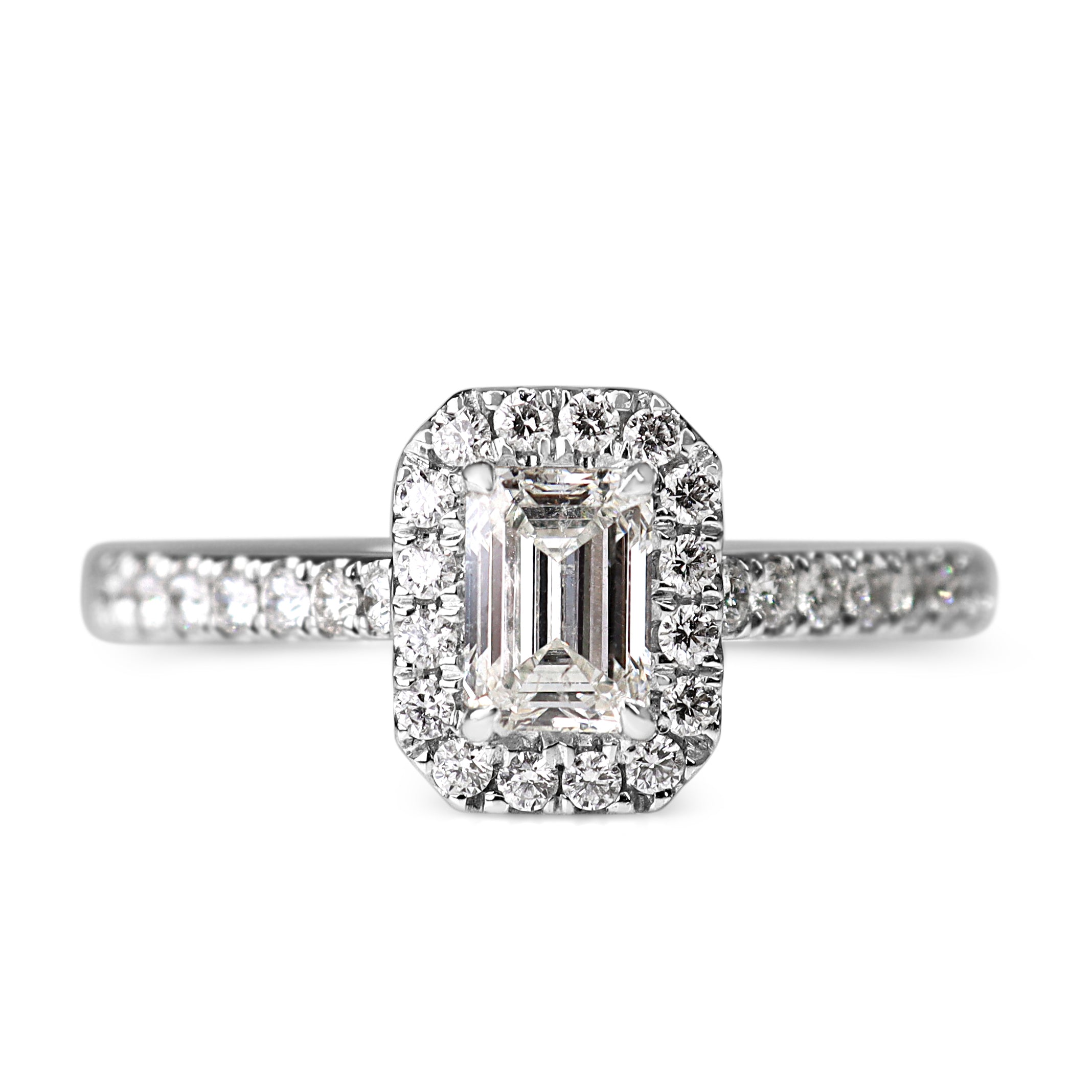 18ct White Gold Emerald Cut Diamond Halo Ring