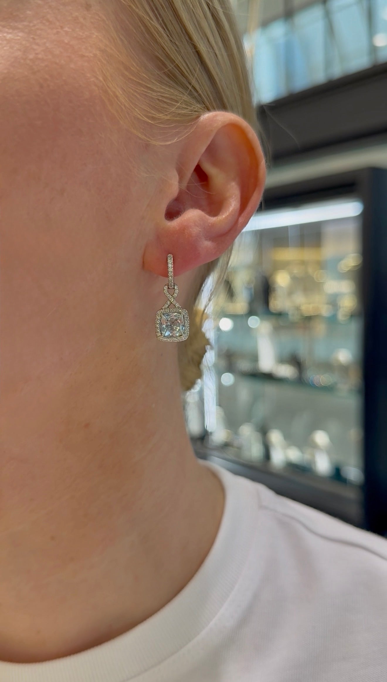 14ct White Gold Cushion Aquamarine and Diamond Halo Twist Drop Earrings