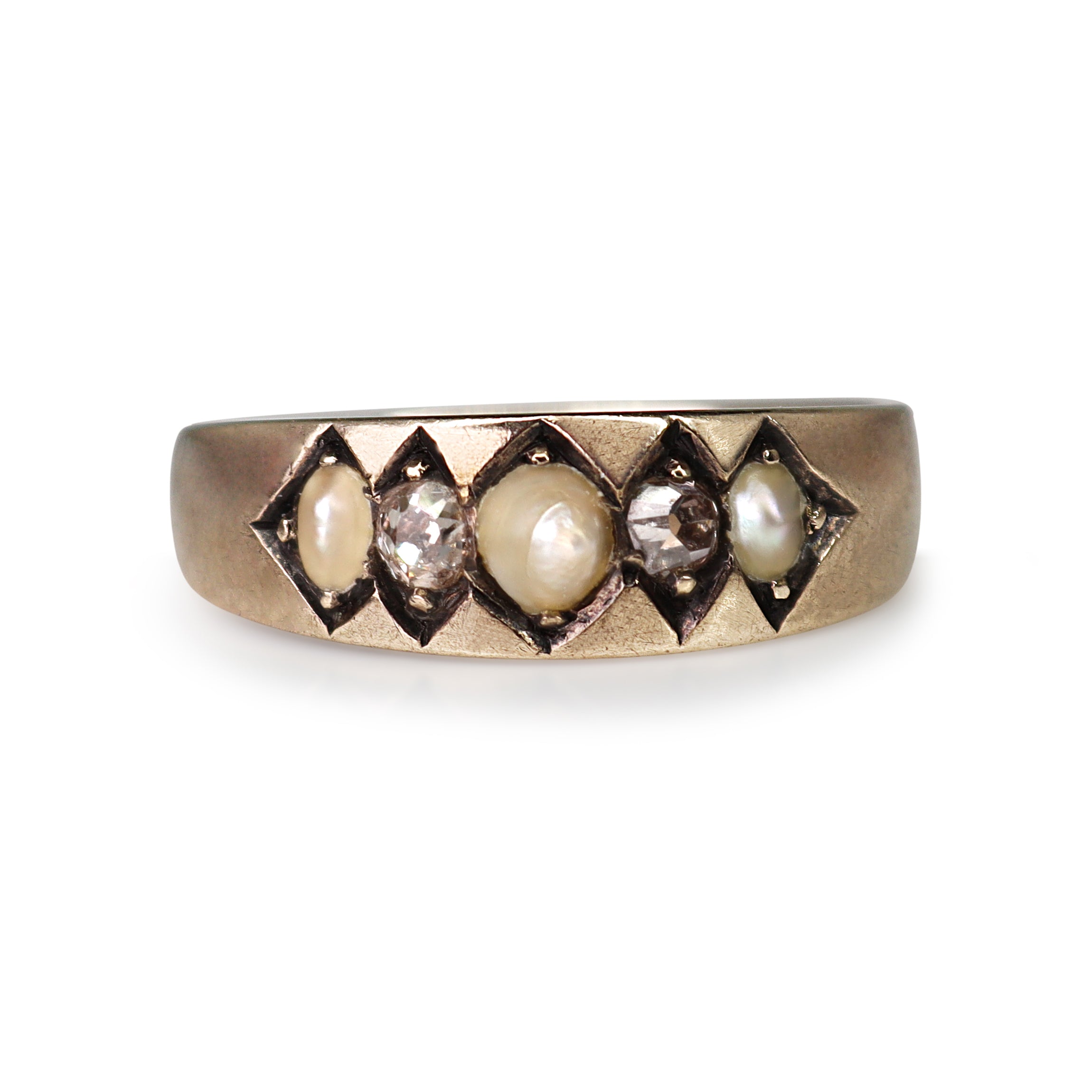 9ct Rose/Old Gold Real Pearl and Old Cut Champagne Diamond Ring