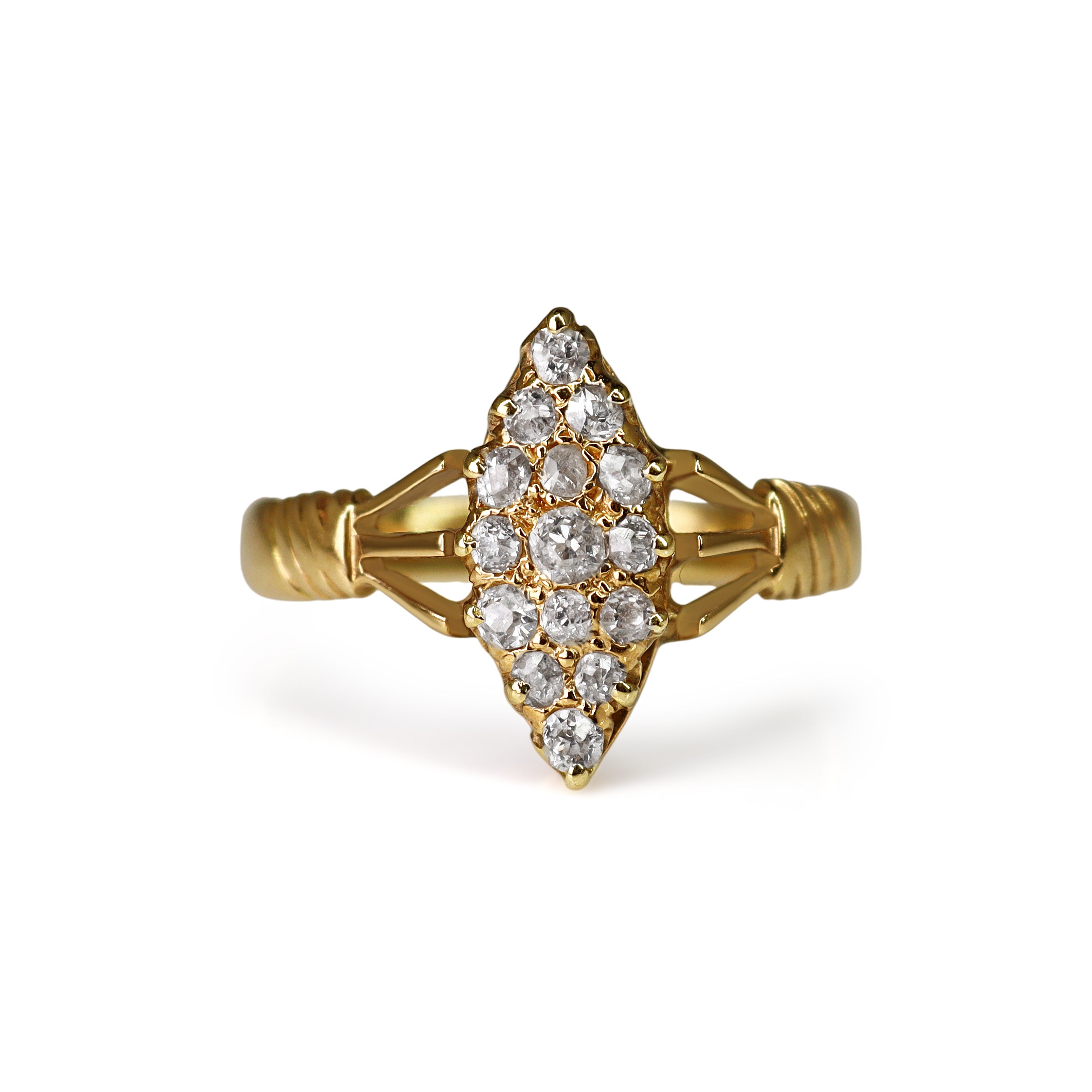 18ct Yellow Gold Antique Old Cut Marquise Cluster Diamond Ring