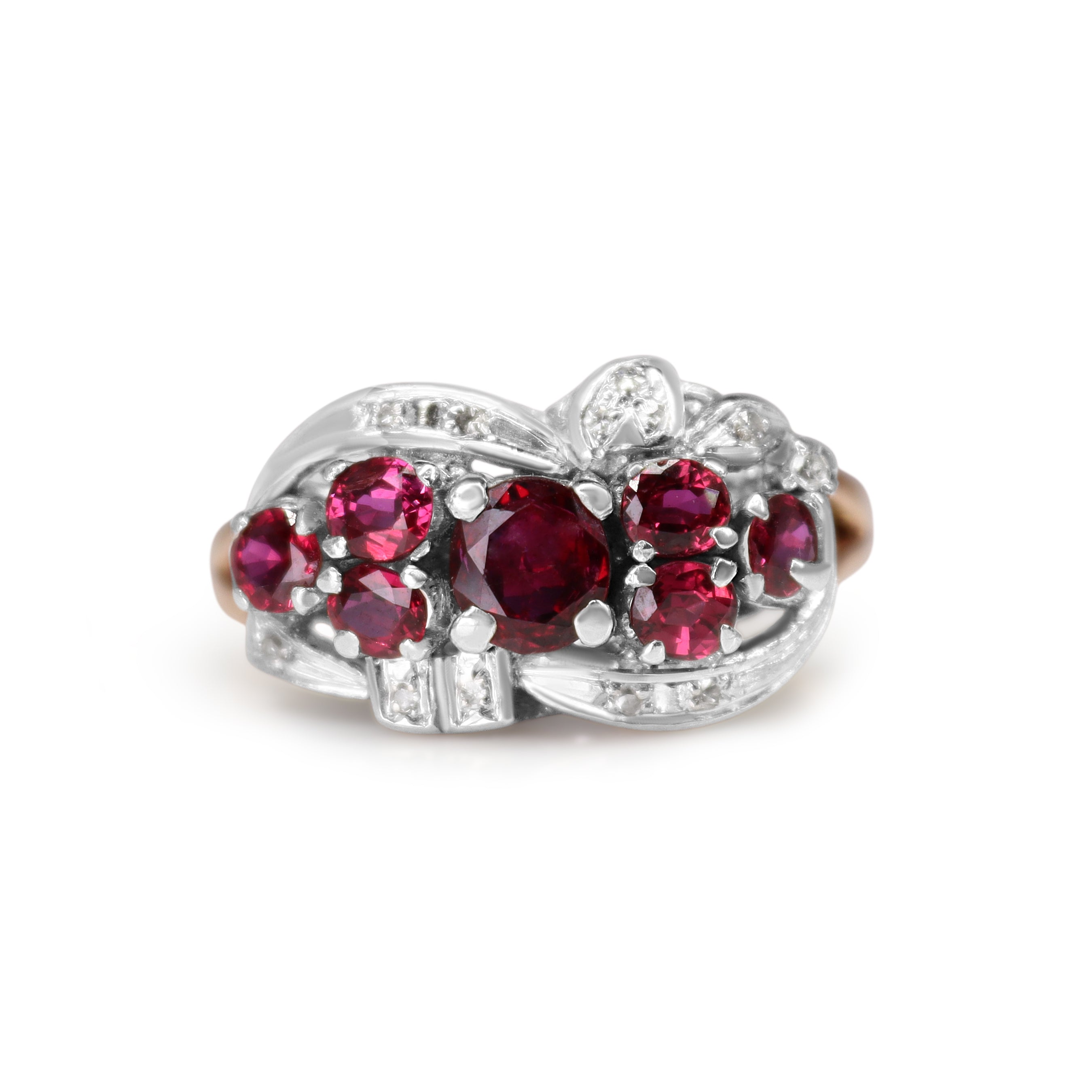 14ct Rose and White Gold Vintage Ruby Cluster and Diamond Ring