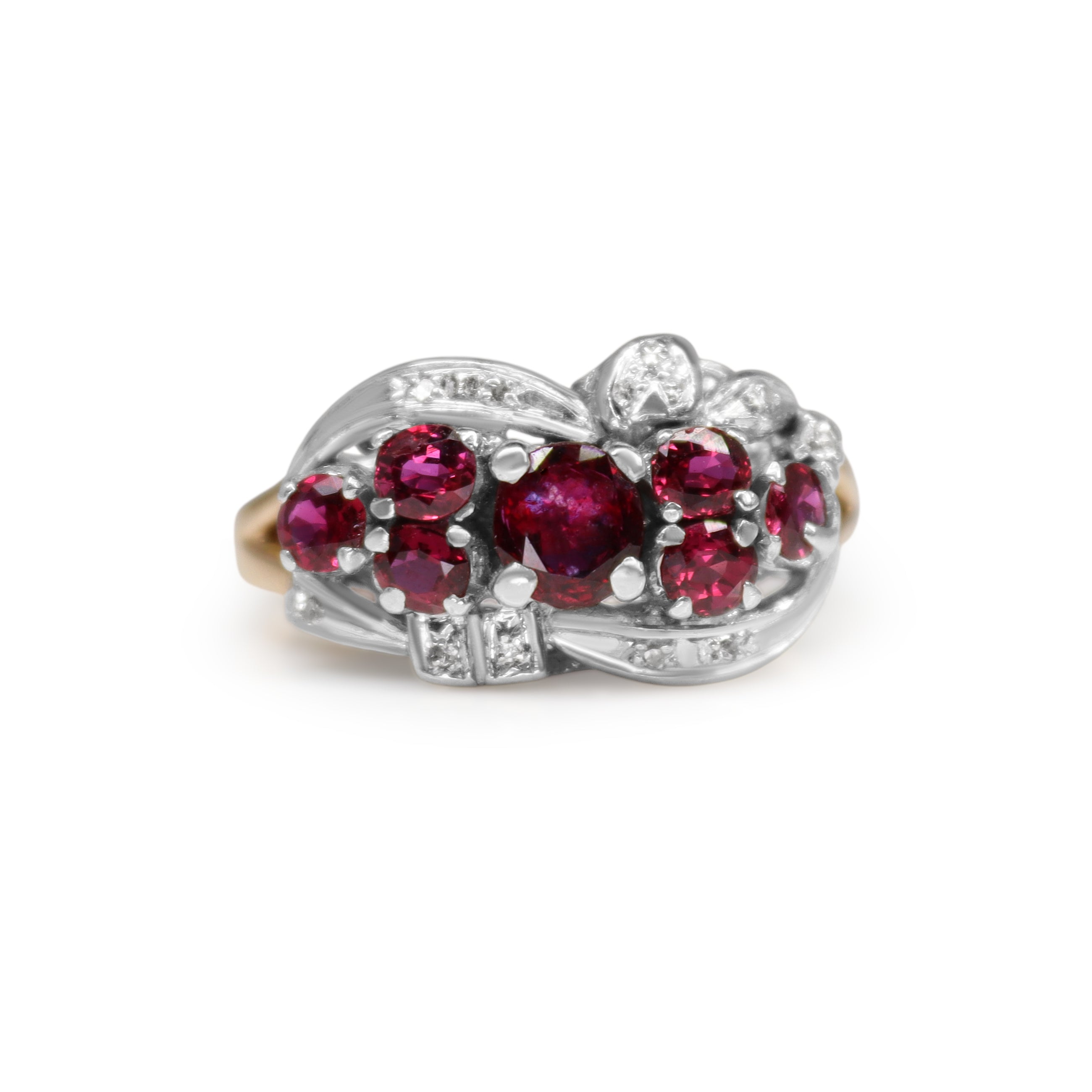 14ct Rose and White Gold Vintage Ruby Cluster and Diamond Ring