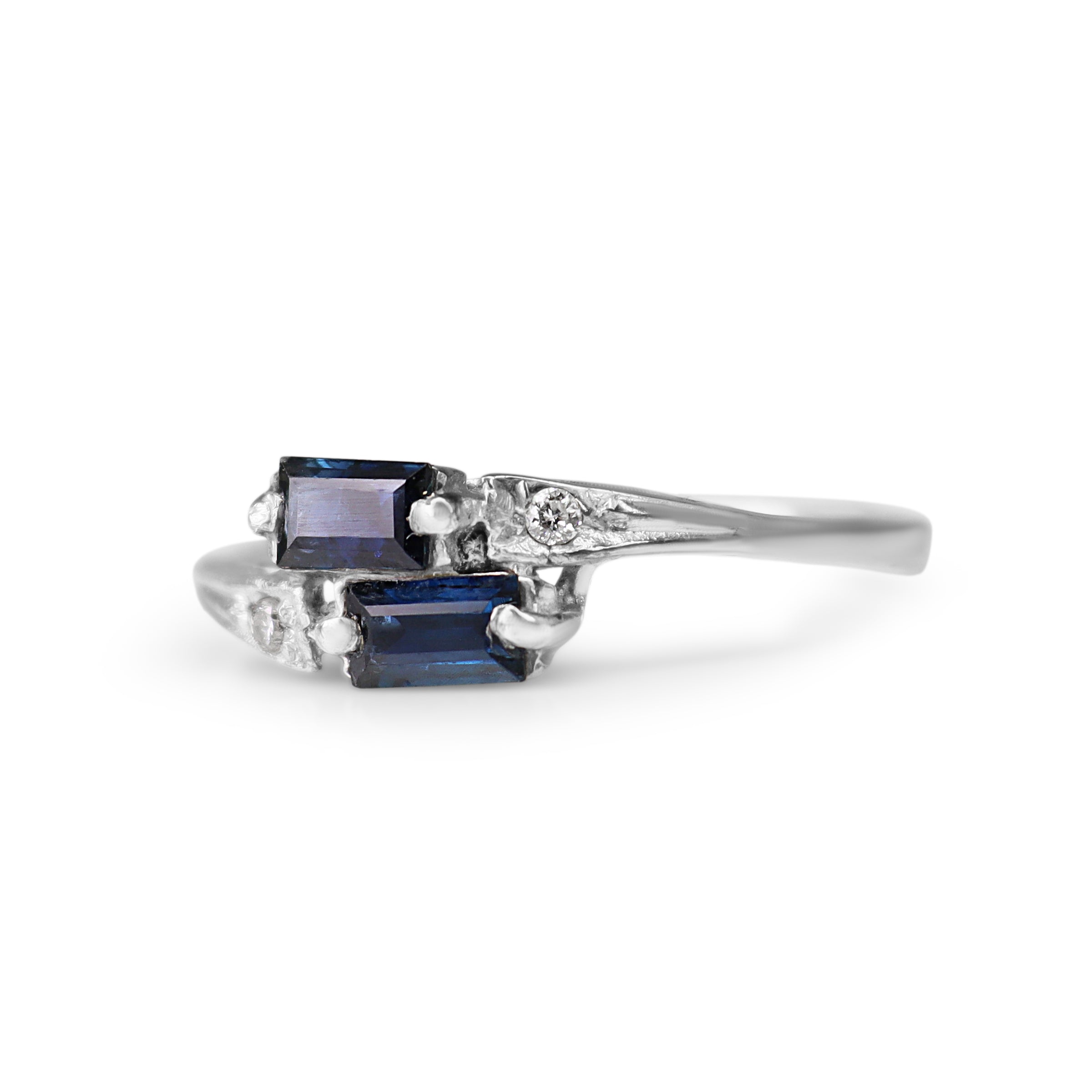 9ct White Gold Baguette Sapphire and Diamond Moi Et Toi Ring